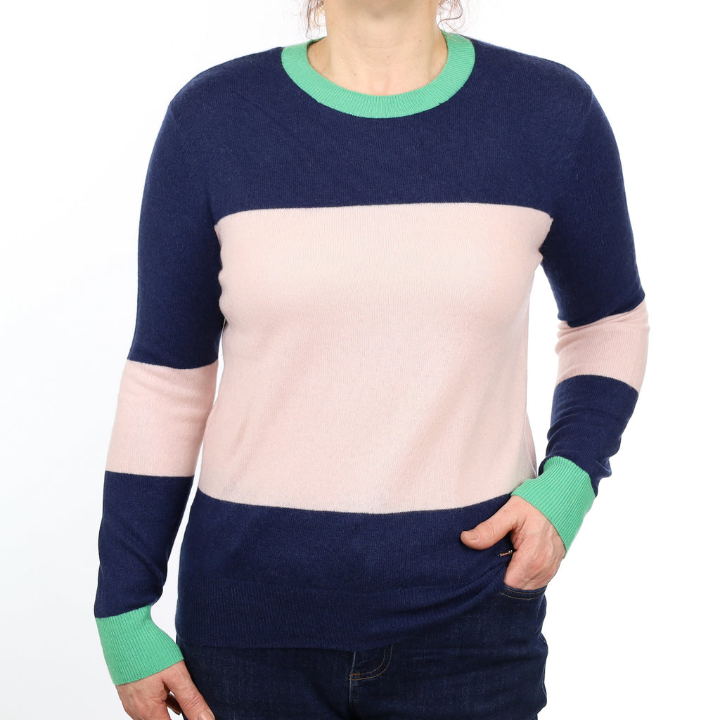 Navy Blue and Pink Striped Cashmere Crew Neck Jumper Medium