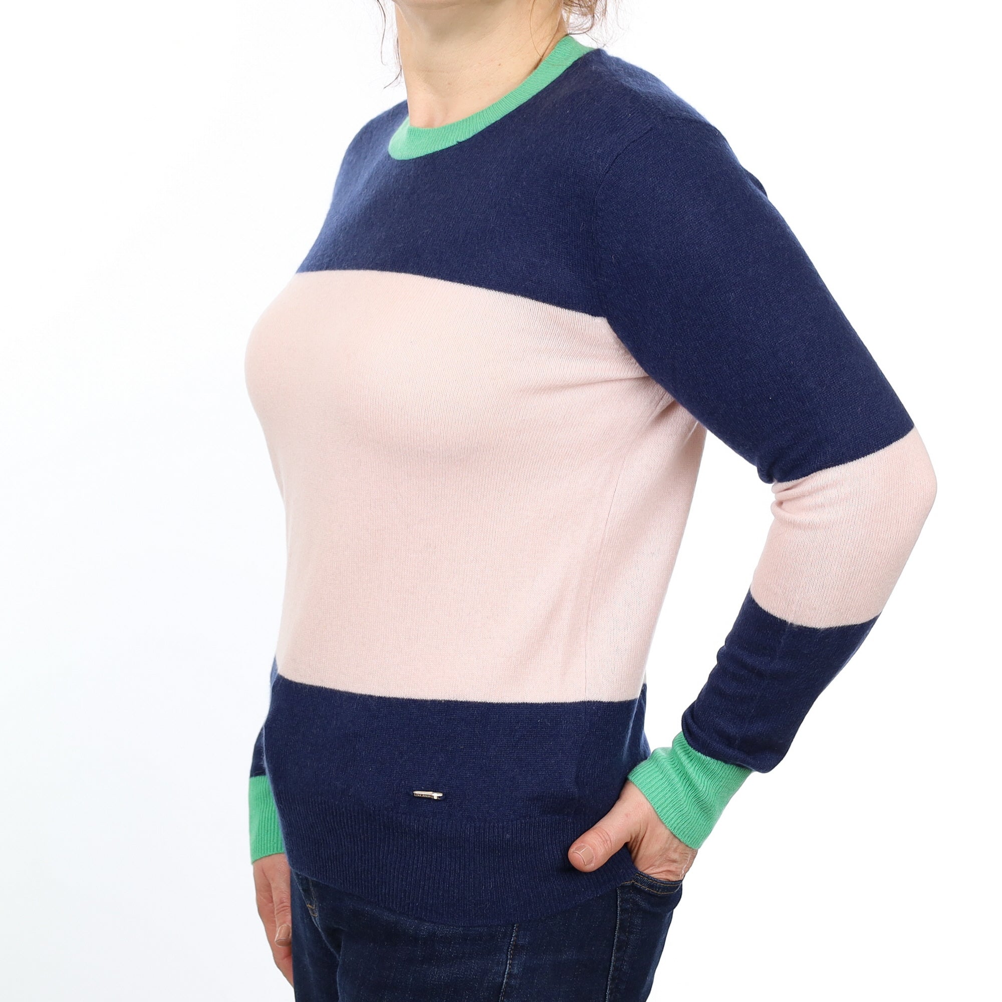 Navy Blue and Pink Striped Cashmere Crew Neck Jumper Medium