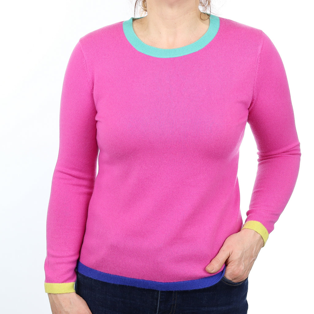 Tulip Pink and Coloured stripe Cashmere Crew Neck Jumper Medium