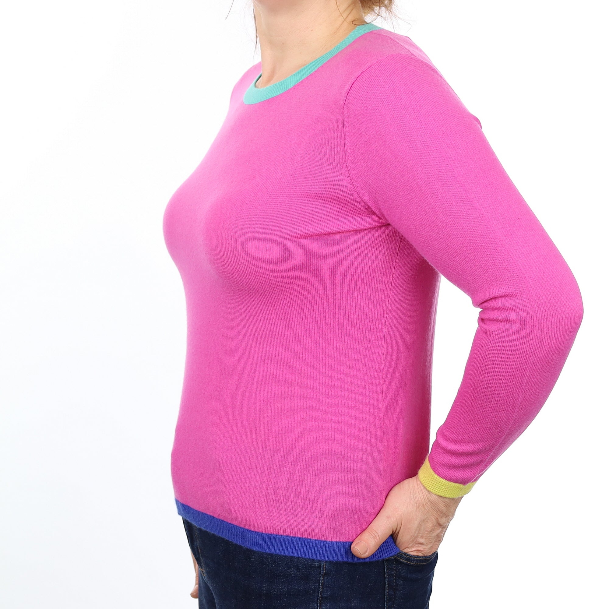 Tulip Pink and Coloured stripe Cashmere Crew Neck Jumper Medium