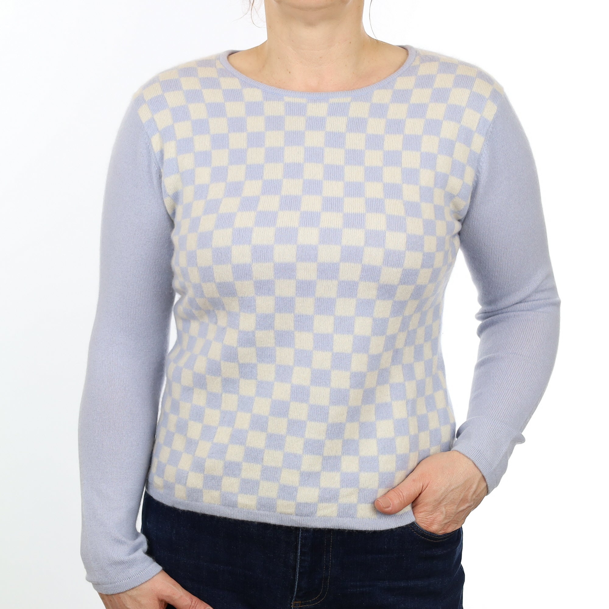 Sky Blue and White Checked Cashmere Crew Neck Jumper Medium