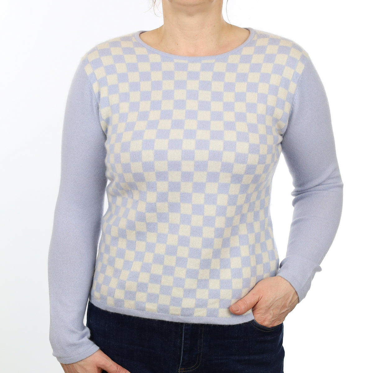 Sky Blue and White Checked Cashmere Crew Neck Jumper Medium