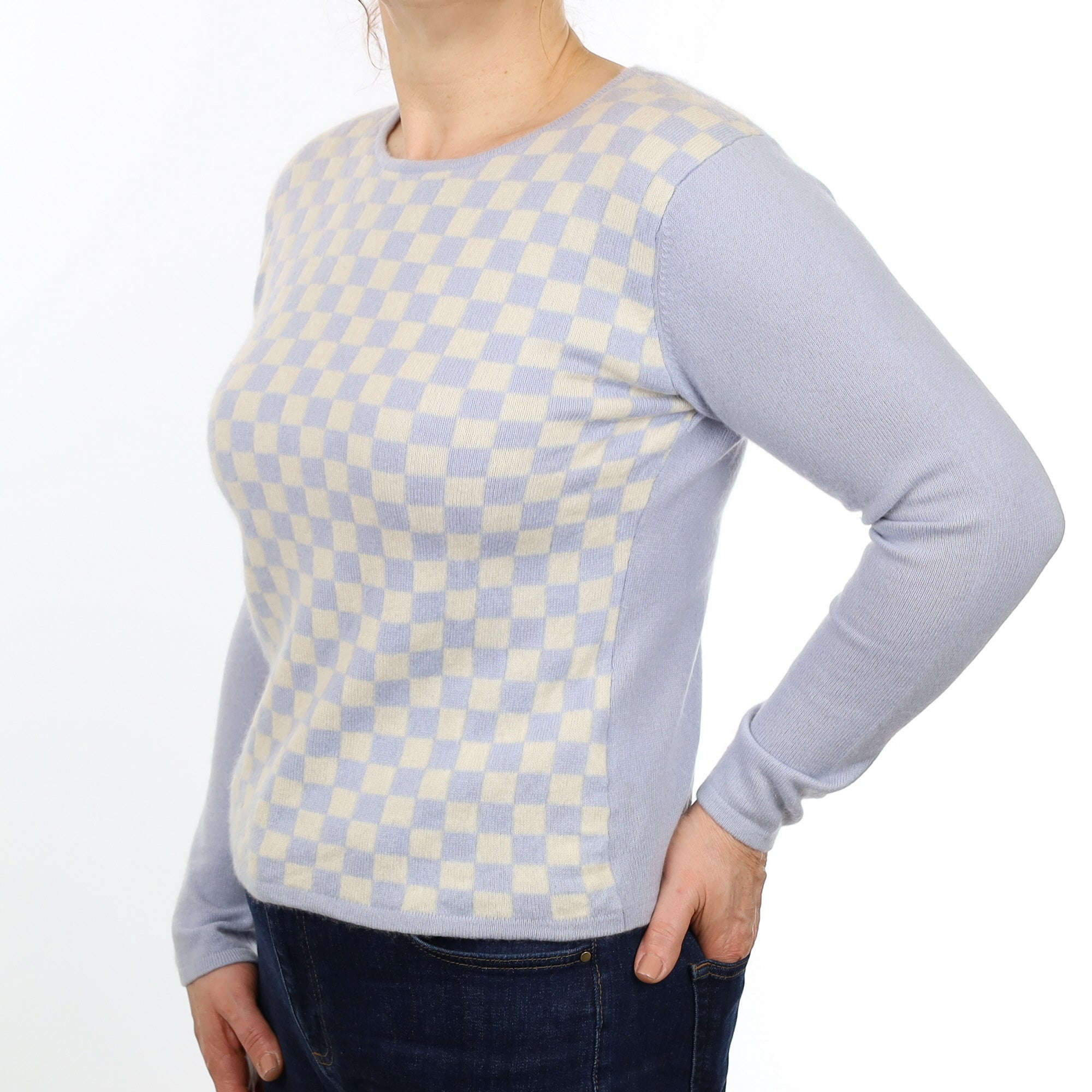 Sky Blue and White Checked Cashmere Crew Neck Jumper Medium