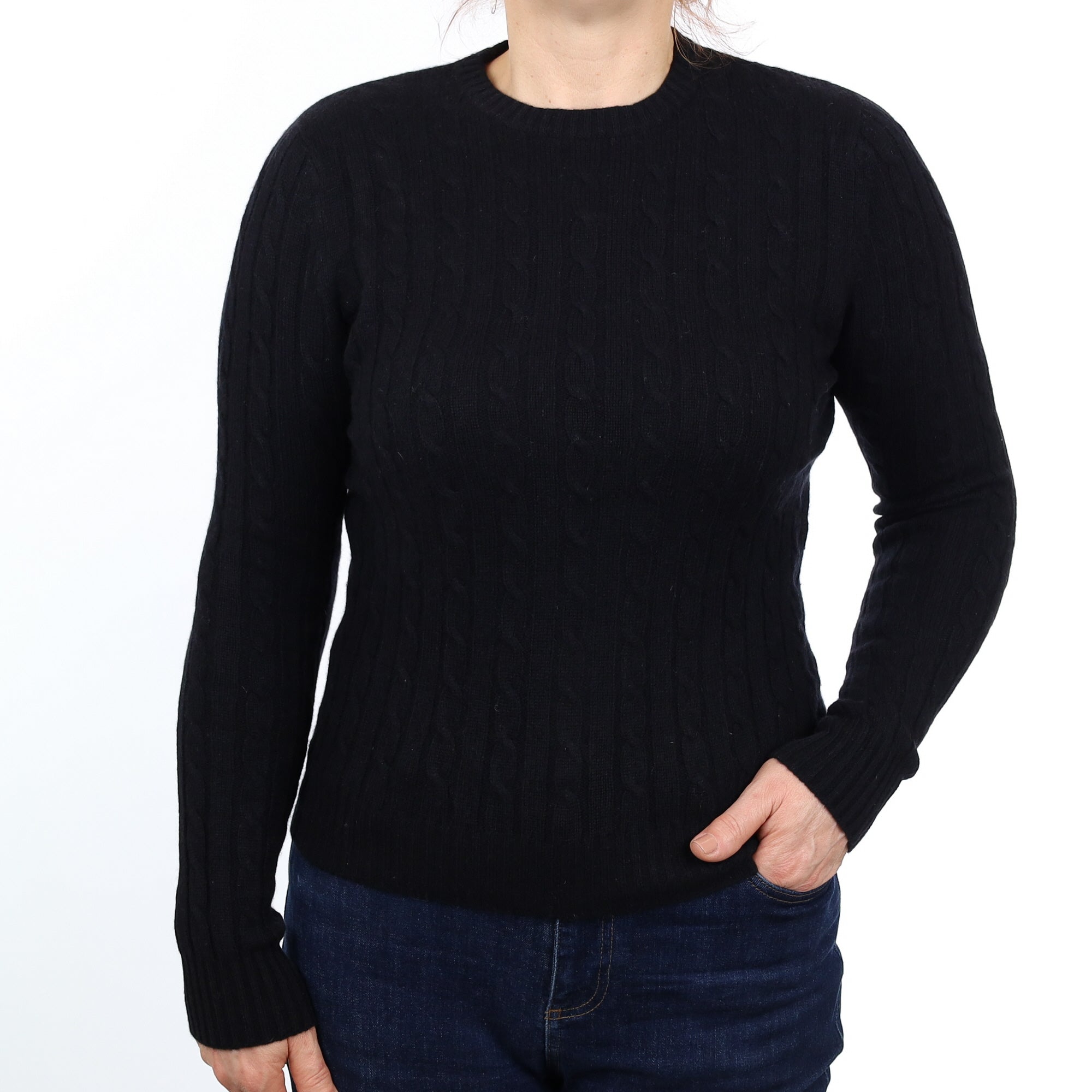 Black Cable Knit Cashmere Crew Neck Jumper Medium
