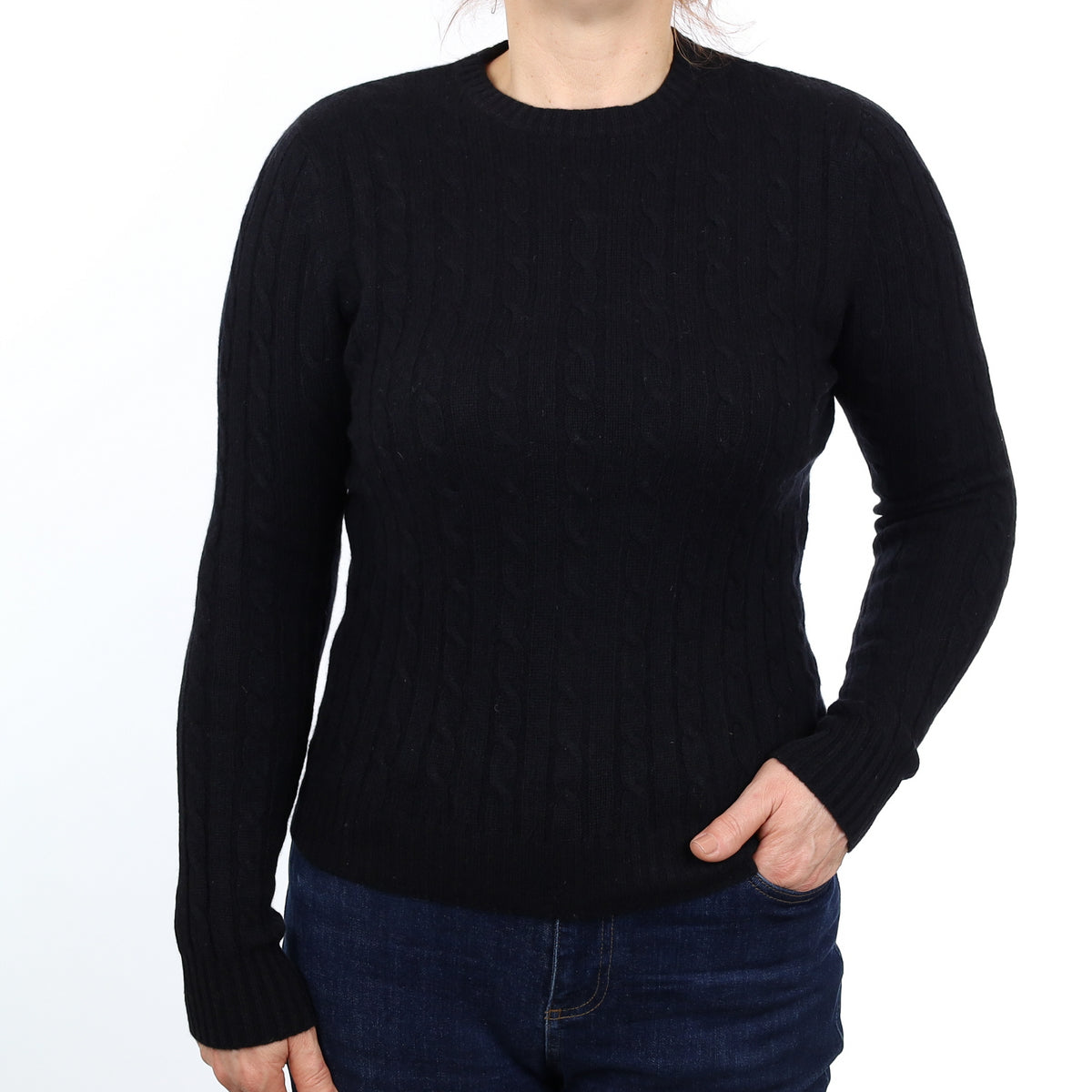 Black Cable Knit Cashmere Crew Neck Jumper Medium