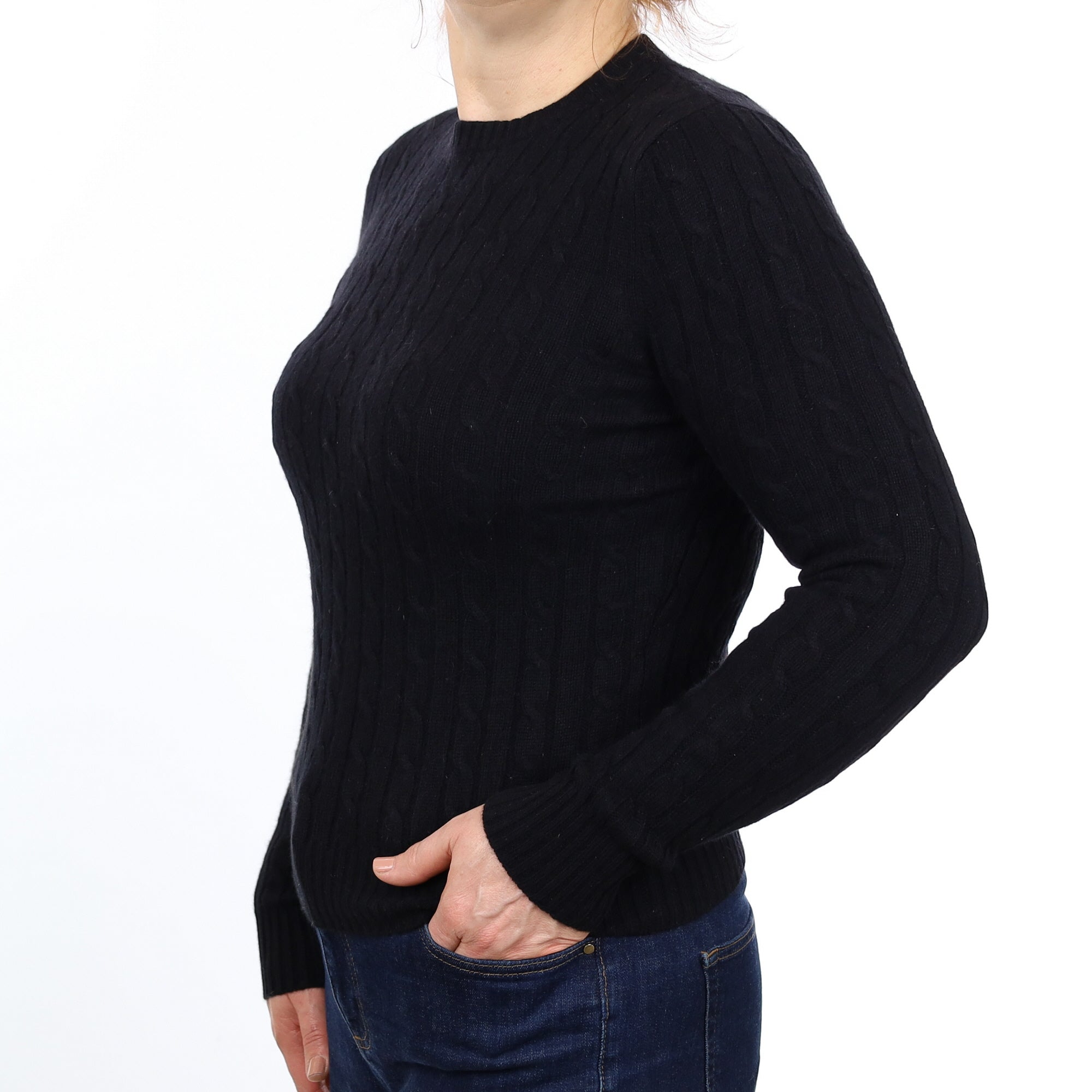 Black Cable Knit Cashmere Crew Neck Jumper Medium