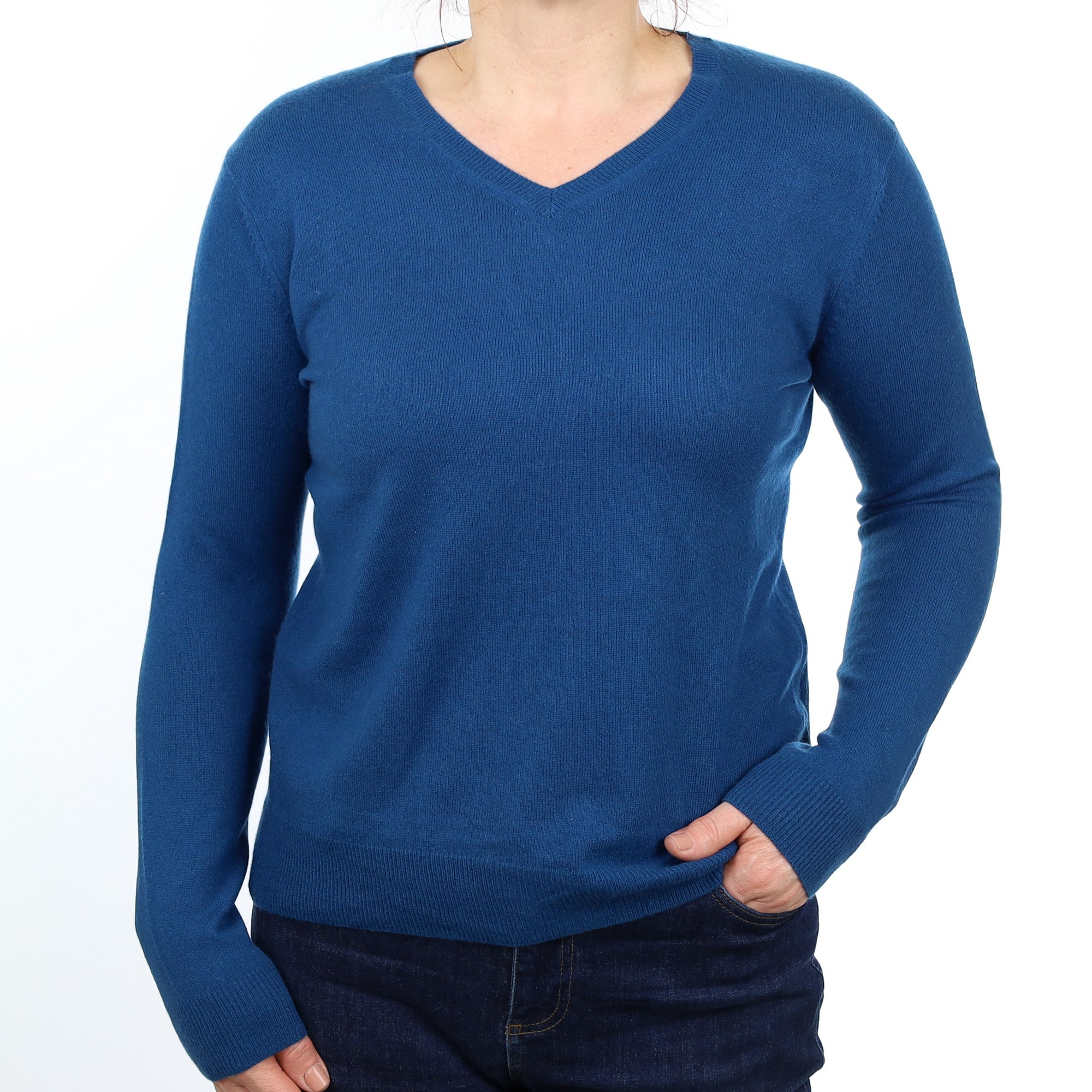 Teal Blue Cashmere V Neck Jumper Medium