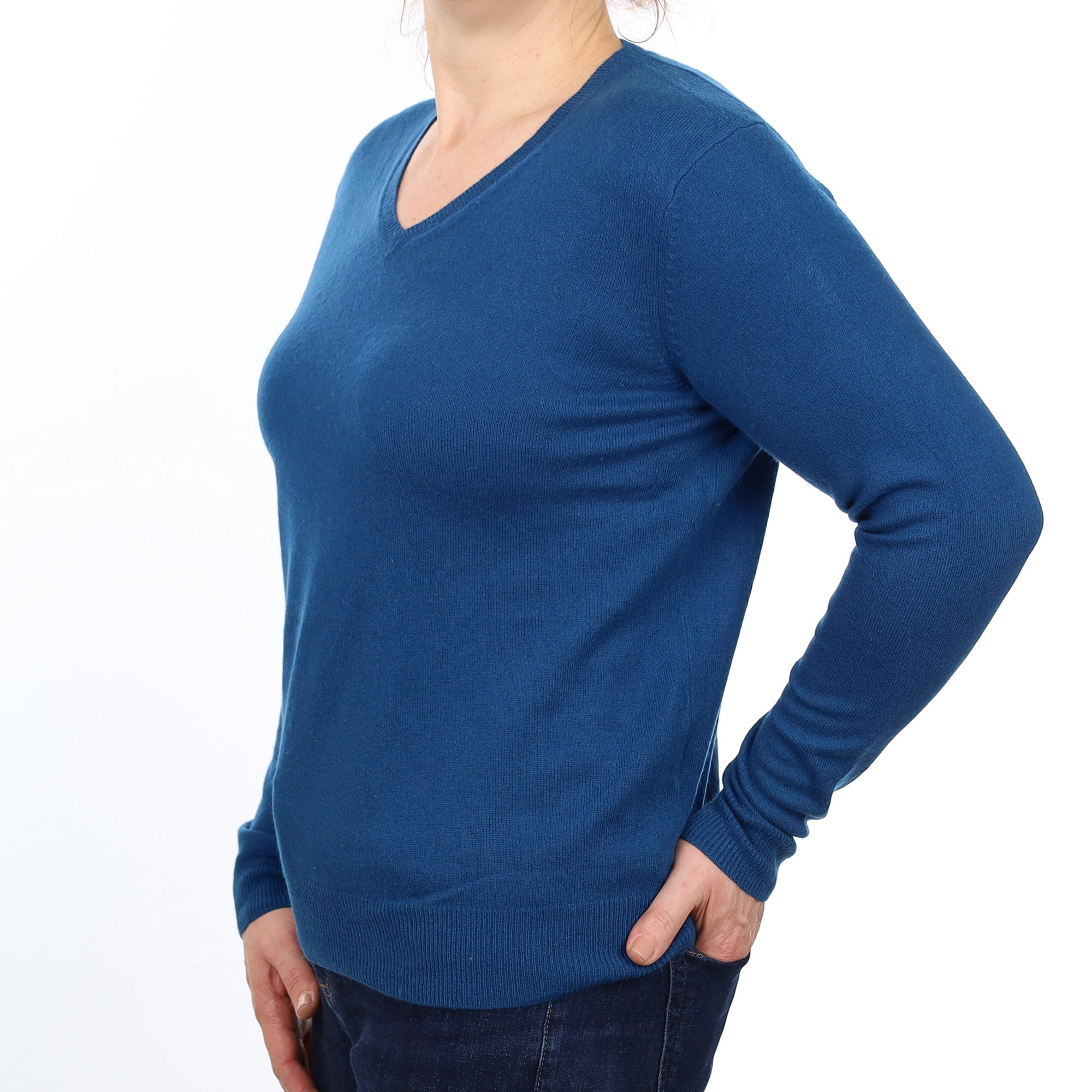 Teal Blue Cashmere V Neck Jumper Medium