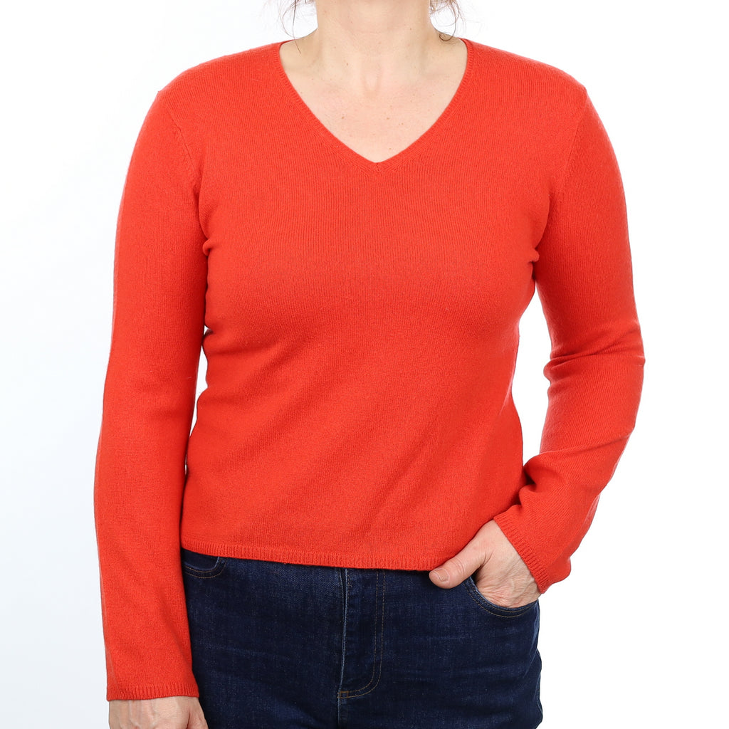Vermilion Orange Cashmere V Neck Jumper Medium