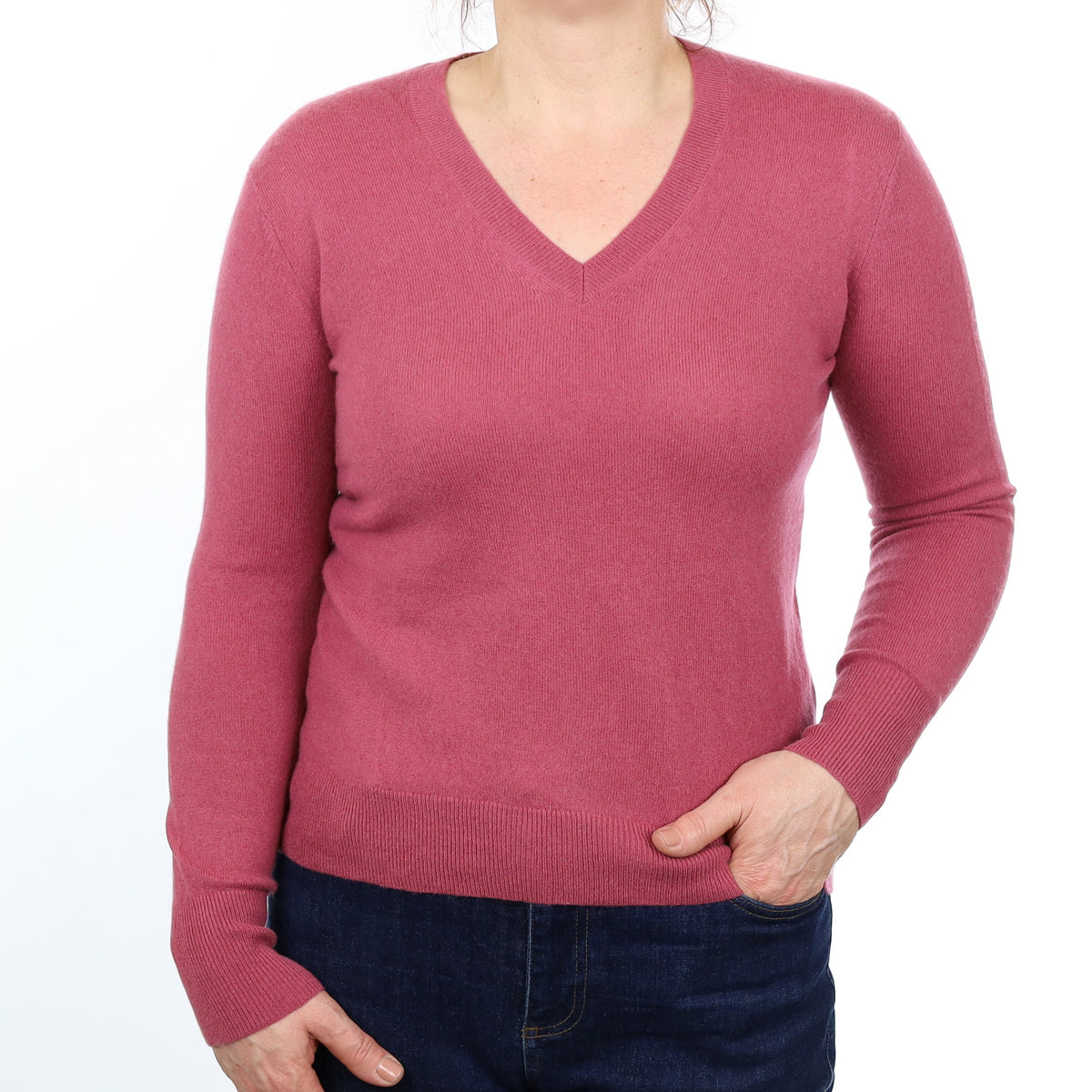Heather Pink Cashmere V Neck Jumper Medium
