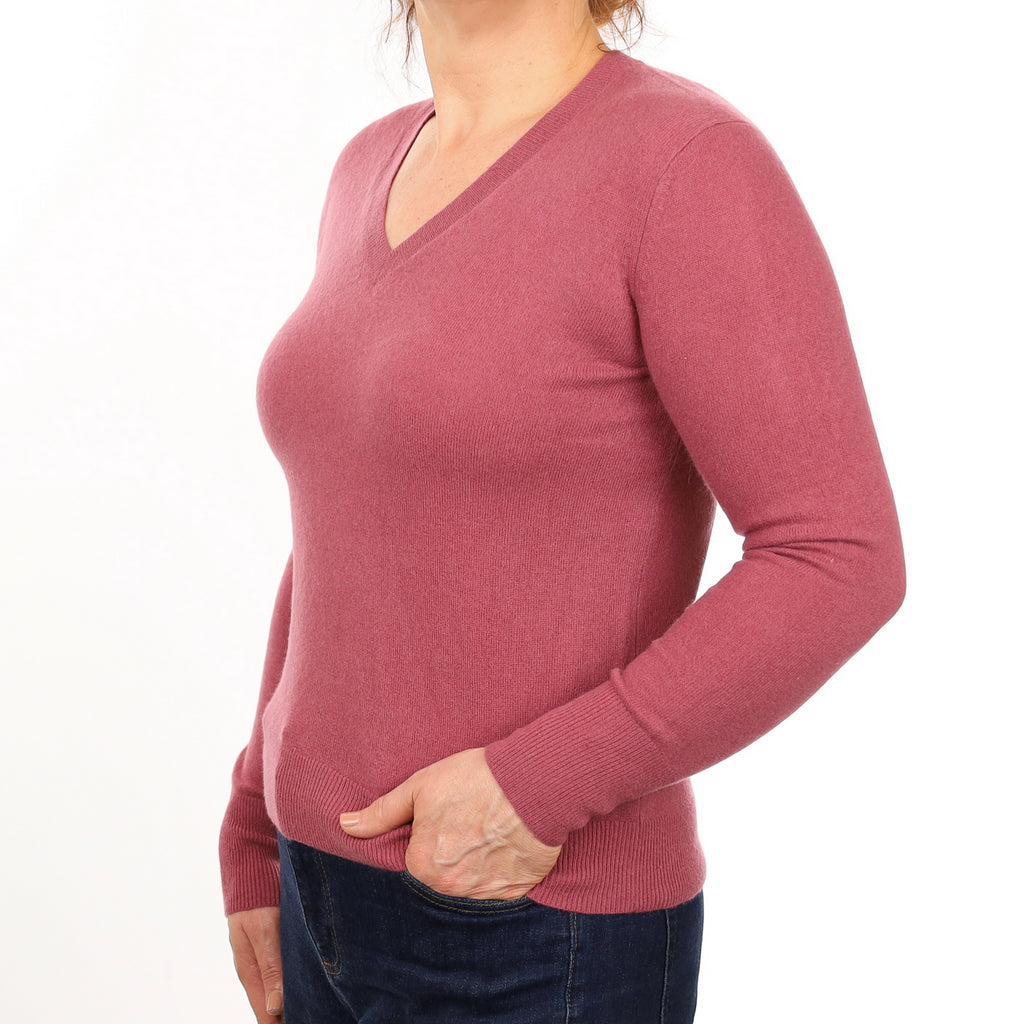 Heather Pink Cashmere V Neck Jumper Medium