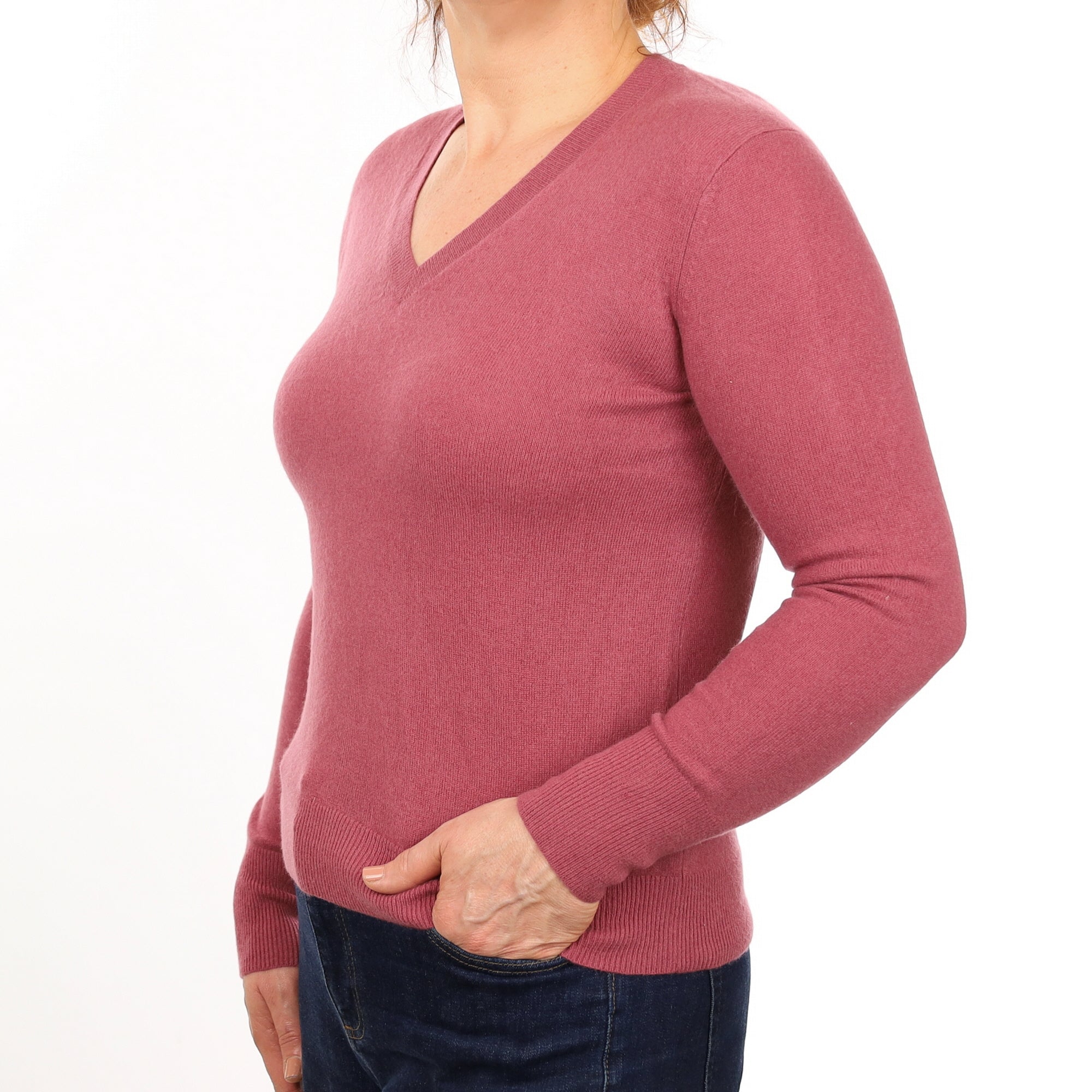 Heather Pink Cashmere V Neck Jumper Medium