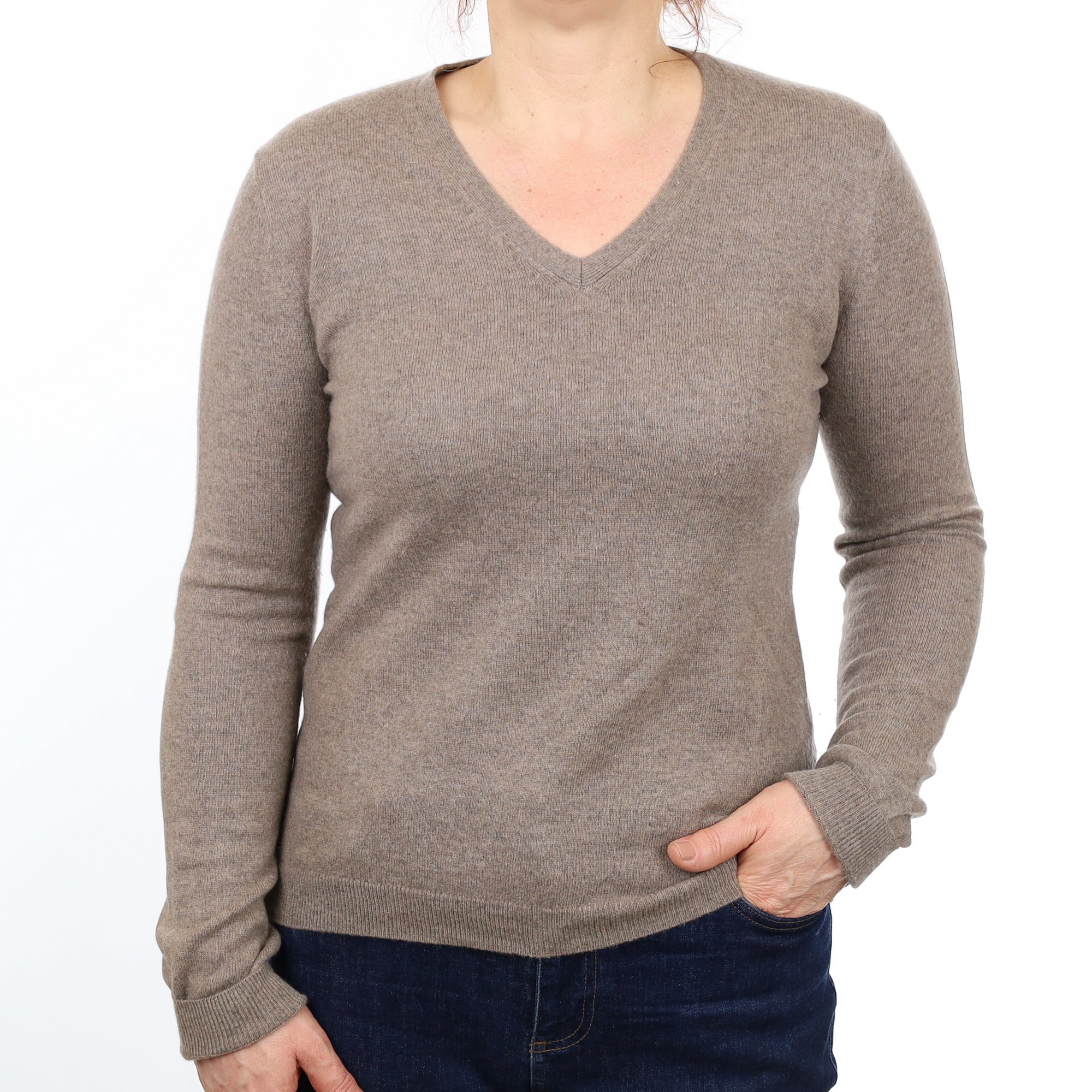 Mocha Brown Cashmere V Neck Jumper Medium