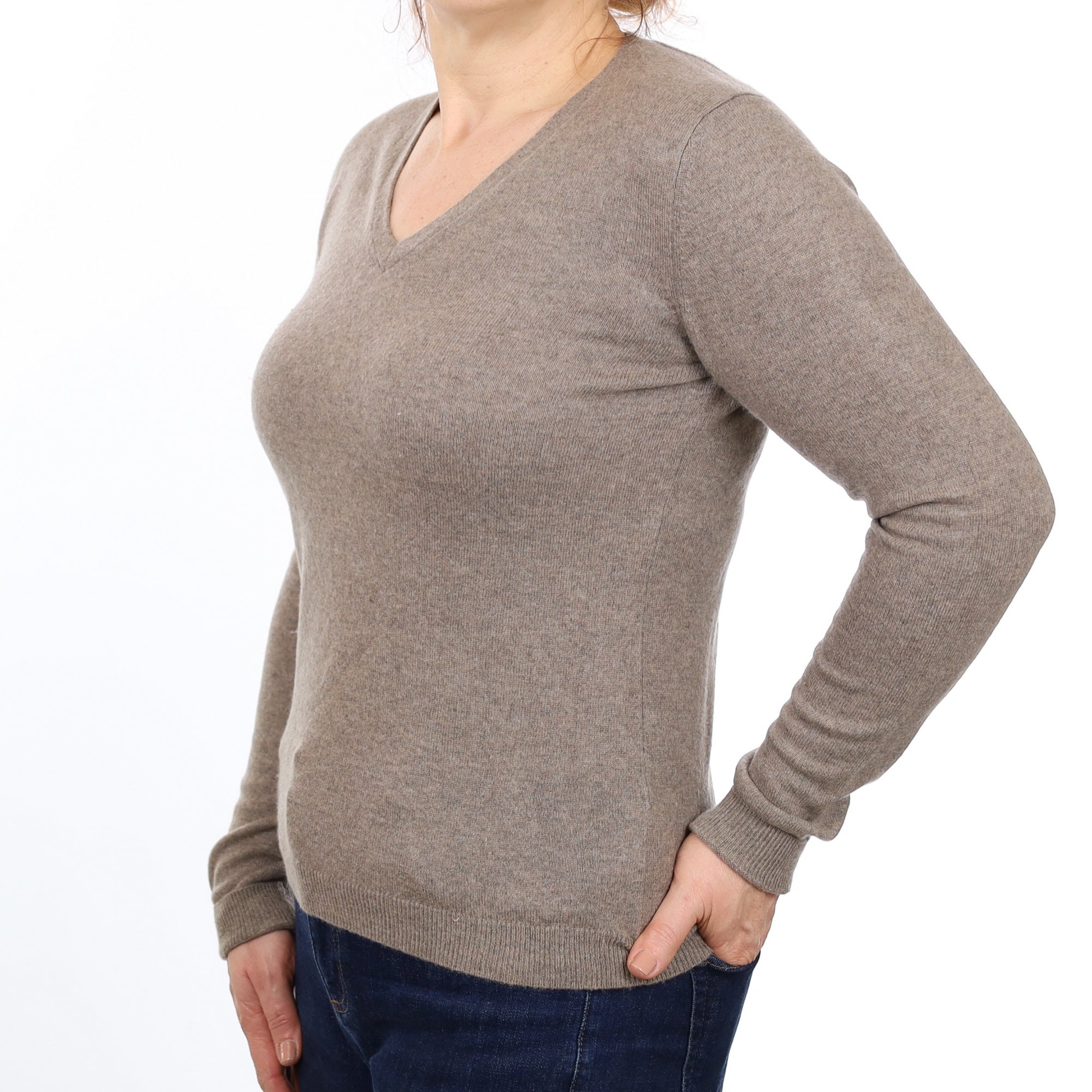 Mocha Brown Cashmere V Neck Jumper Medium