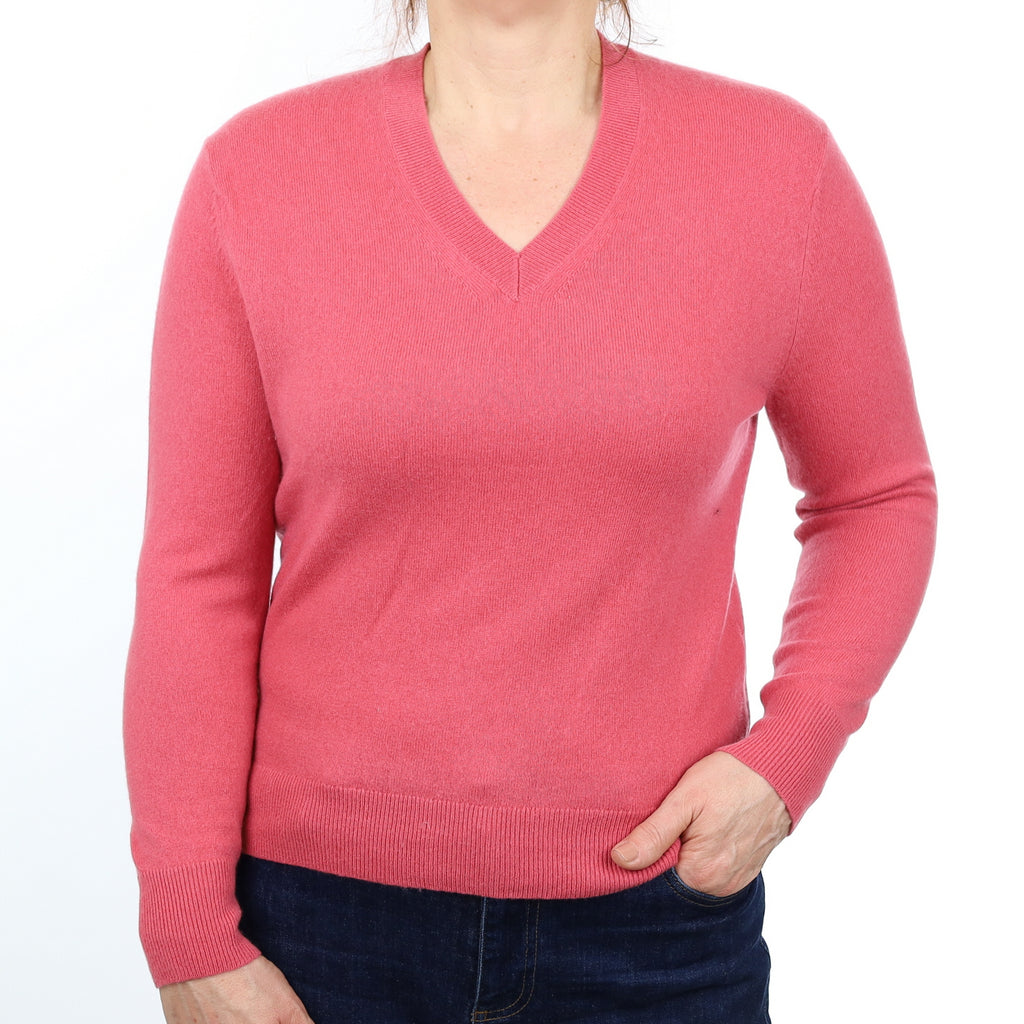 Raspberry Pink Cashmere V Neck Jumper Medium