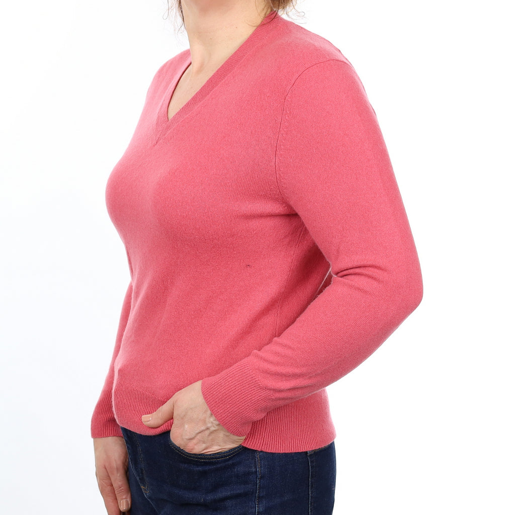 Raspberry Pink Cashmere V Neck Jumper Medium