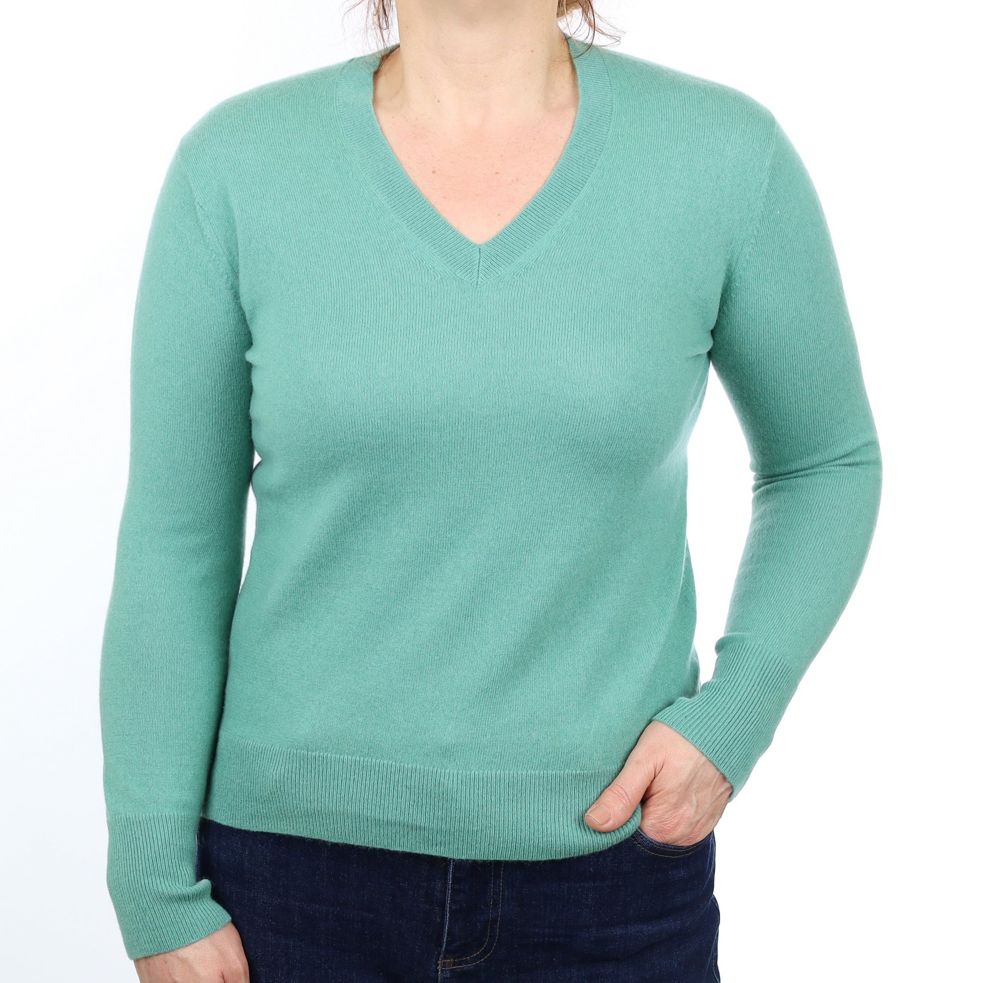 Sea Green Cashmere V Neck Jumper Medium