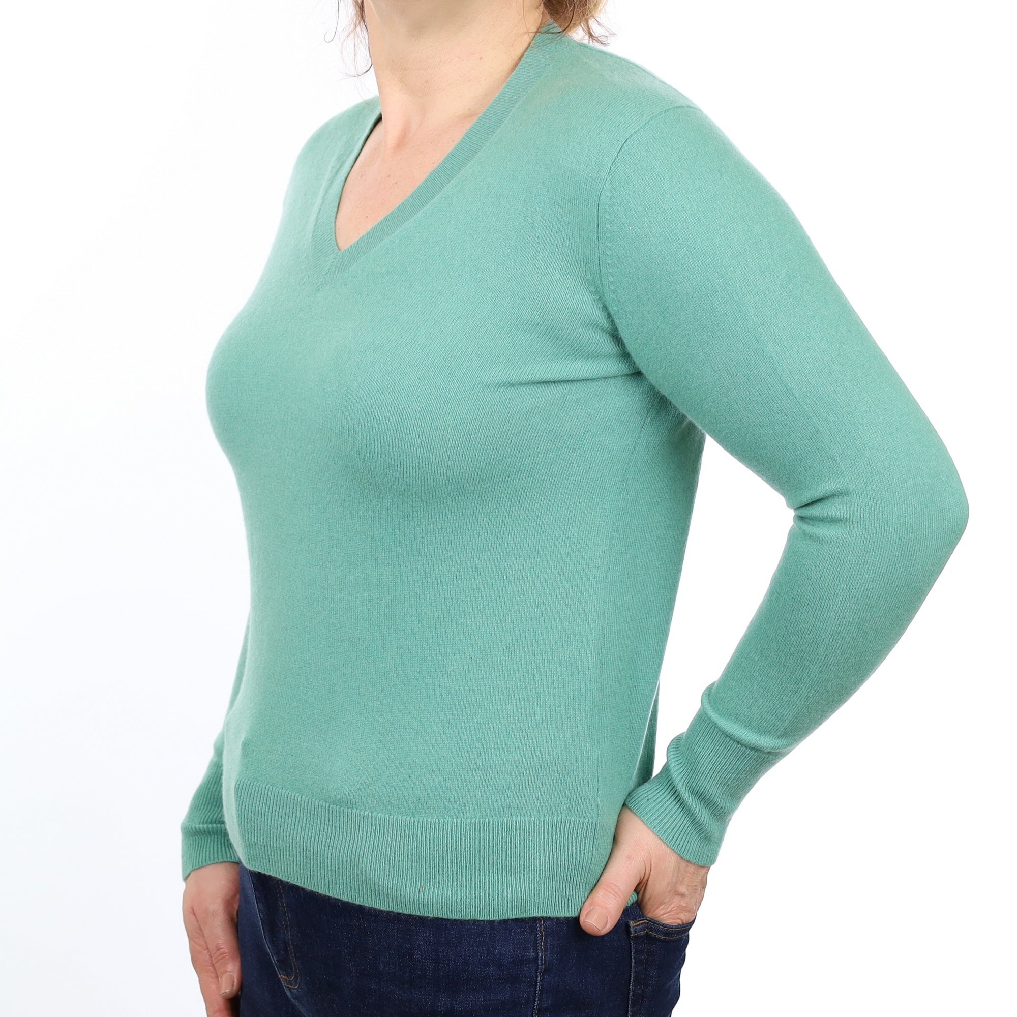 Sea Green Cashmere V Neck Jumper Medium