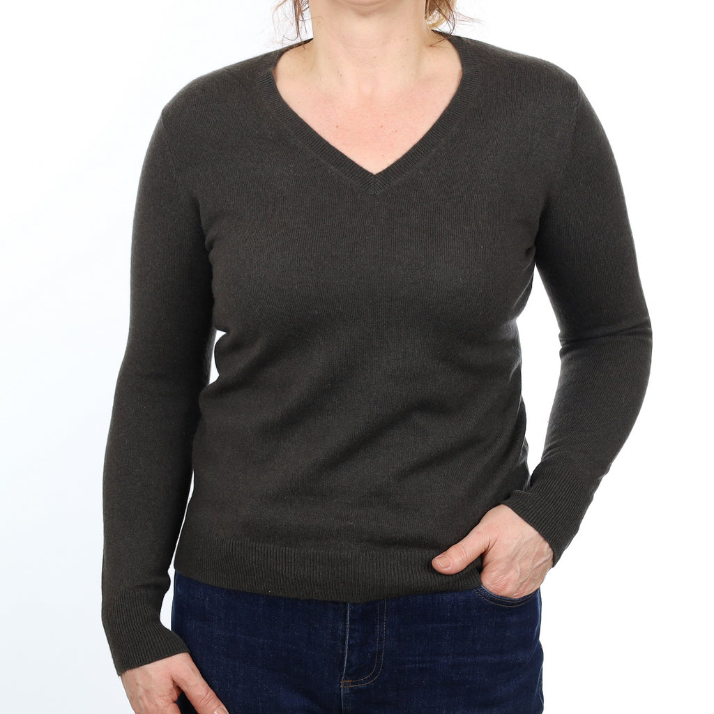 Mole Brown Cashmere V Neck Jumper Medium