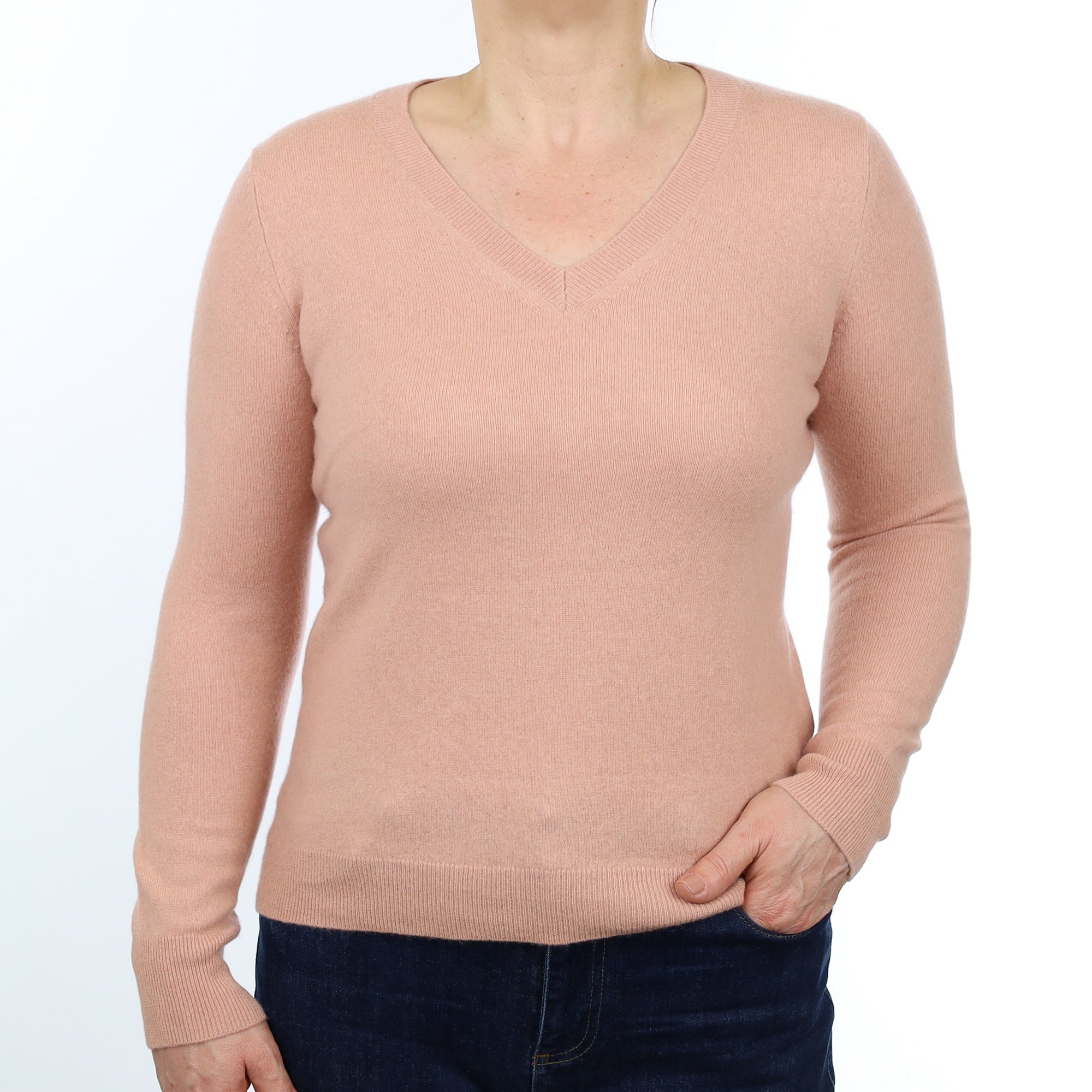 Heather Pink Cashmere V Neck Jumper Medium