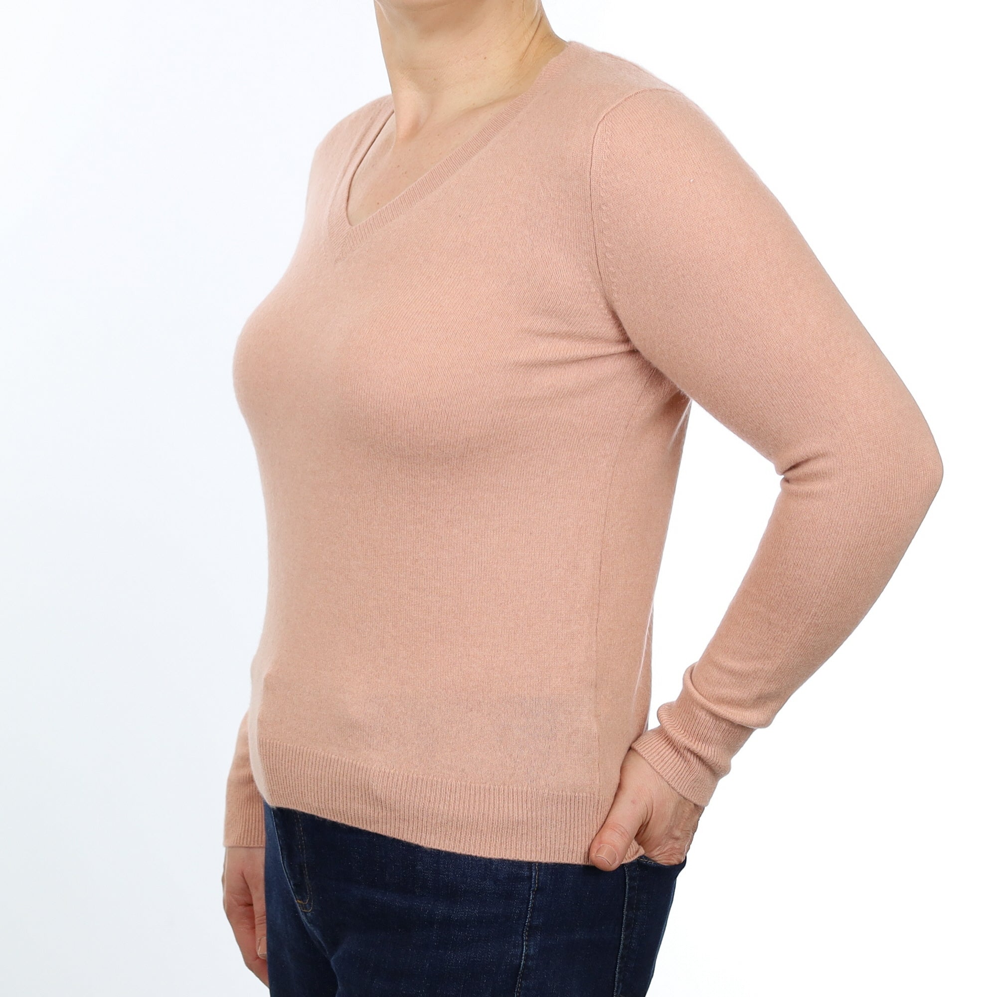 Heather Pink Cashmere V Neck Jumper Medium