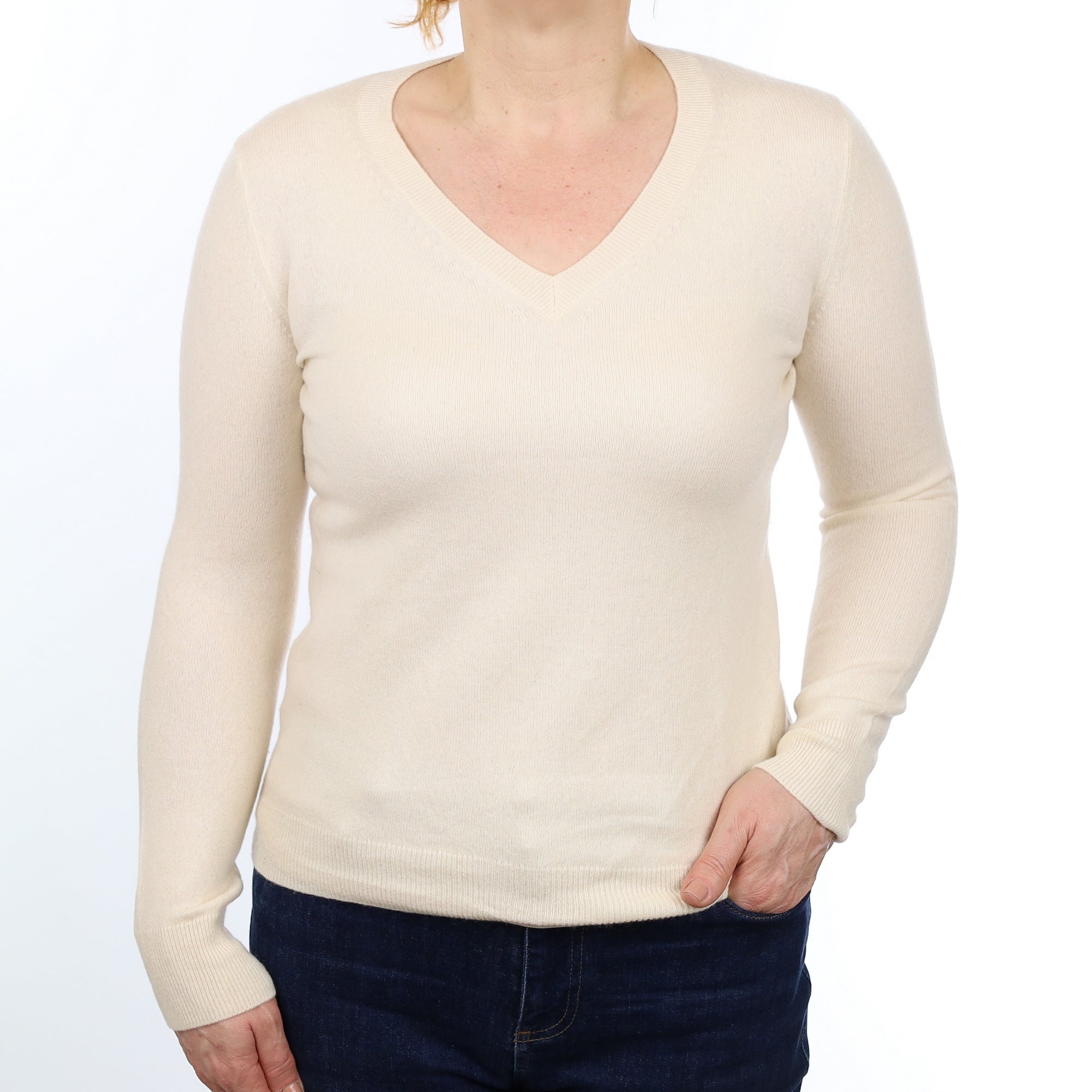 Vanilla Cream Cashmere V Neck Jumper Medium