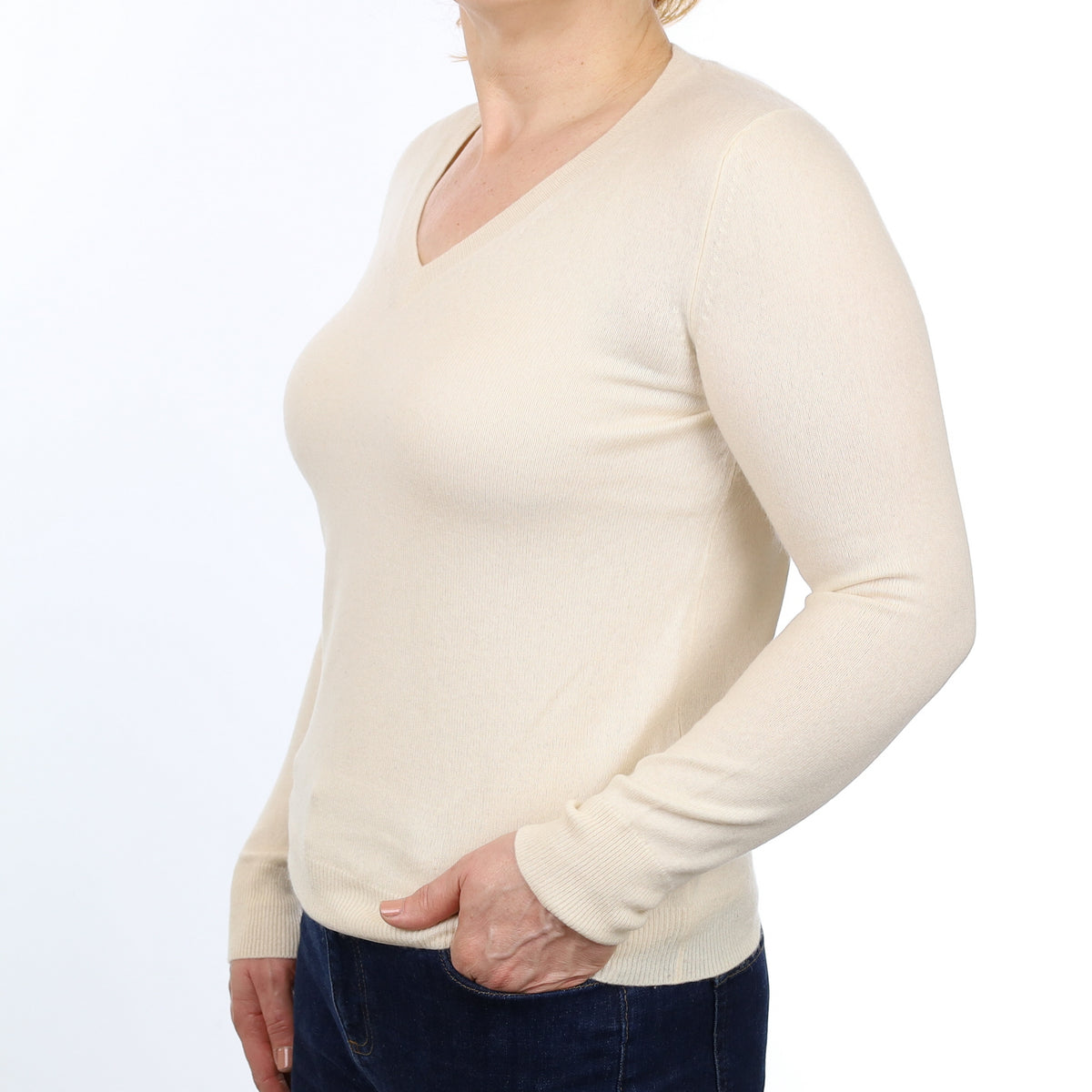 Vanilla Cream Cashmere V Neck Jumper Medium