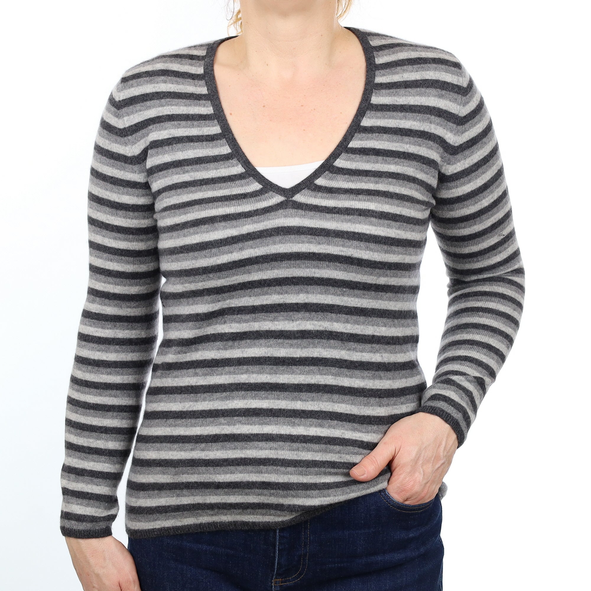 Grey Striped Cashmere V Neck Jumper Medium