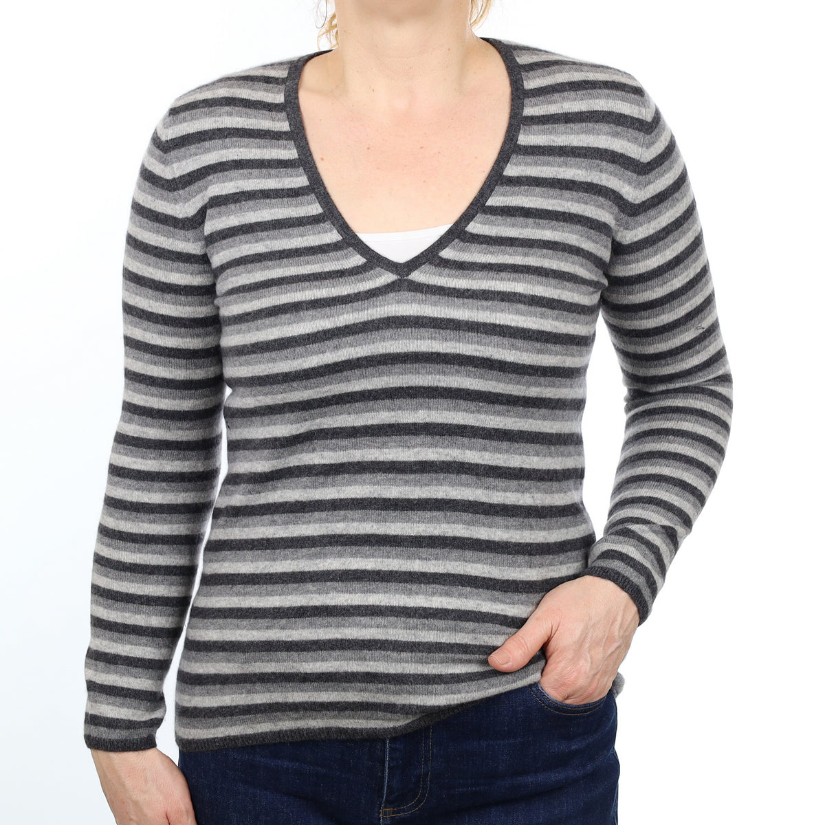 Grey Striped Cashmere V Neck Jumper Medium