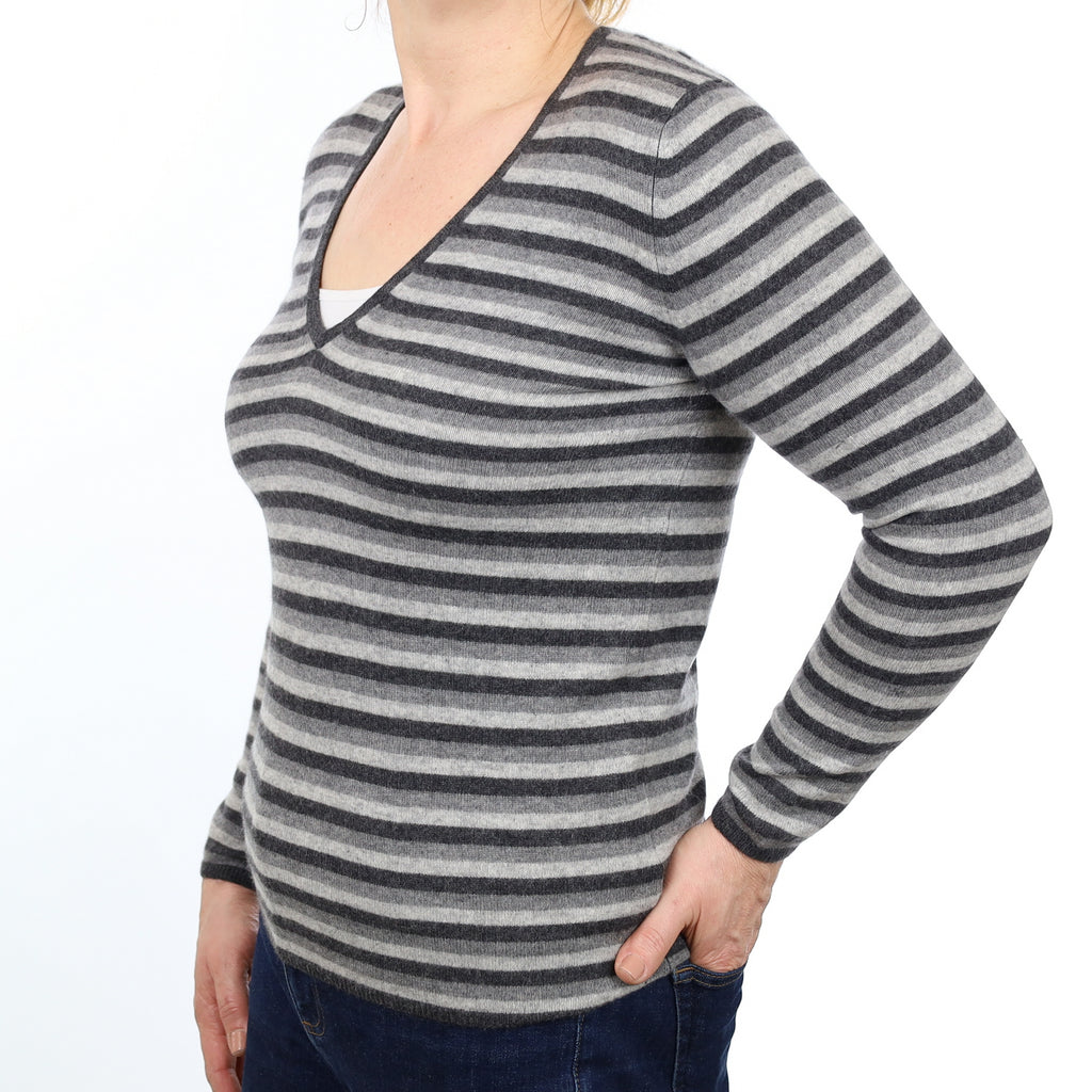 Grey Striped Cashmere V Neck Jumper Medium