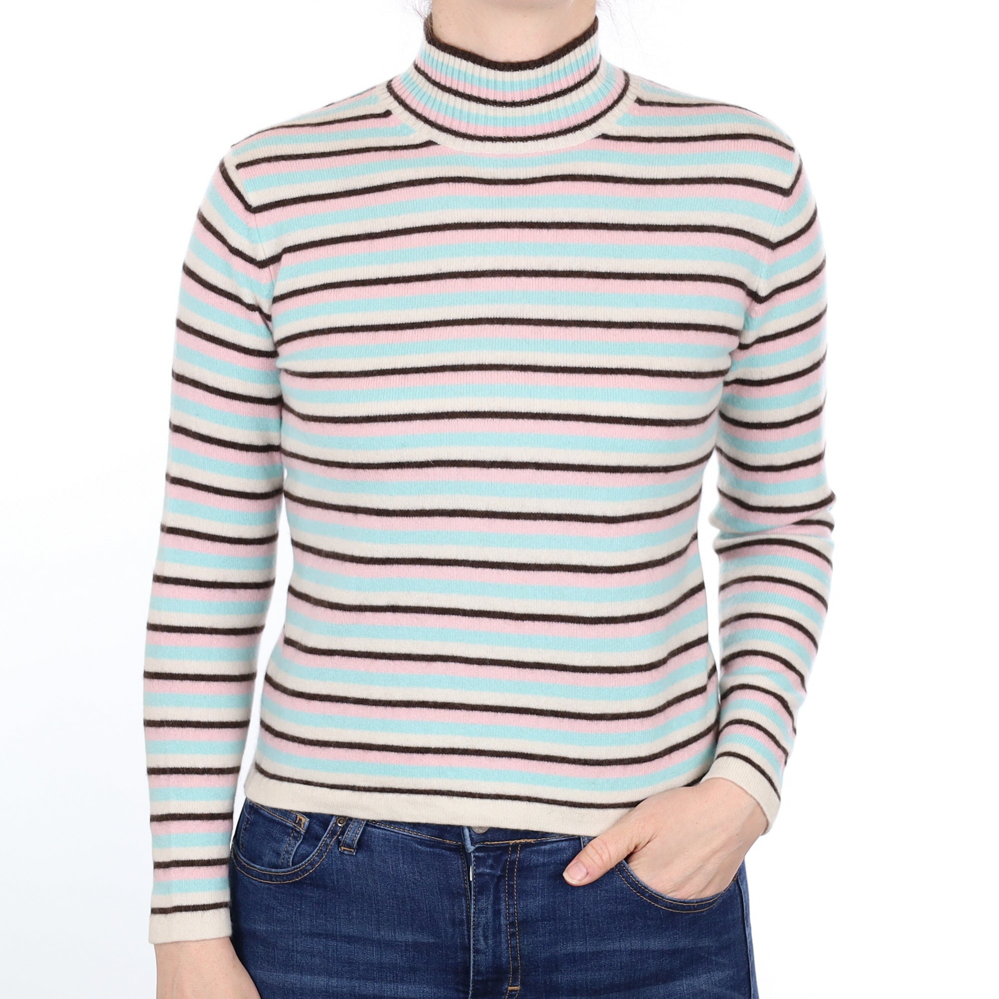 Multi Colour Stripe Cashmere Turtleneck Jumper Small