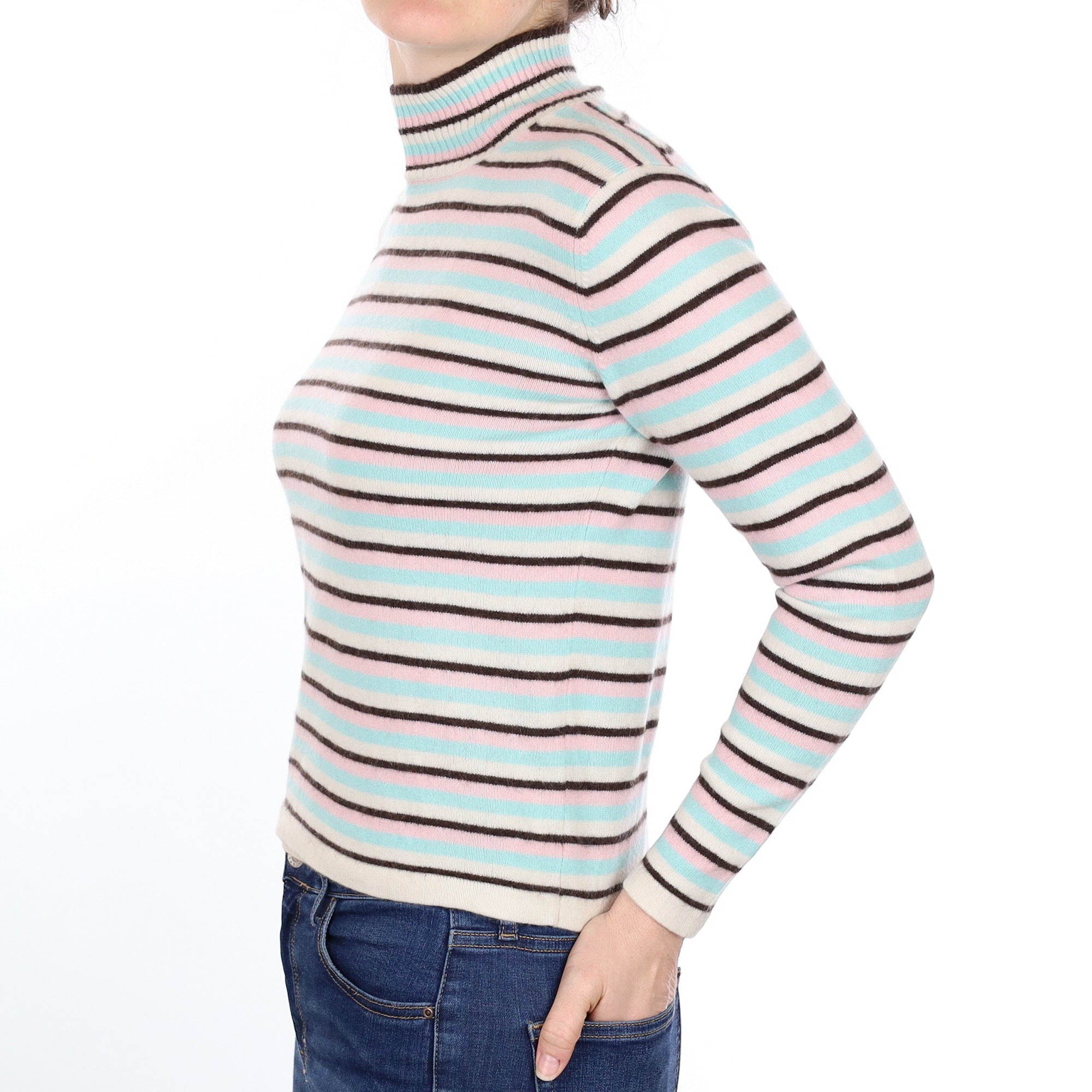 Multi Colour Stripe Cashmere Turtleneck Jumper Small
