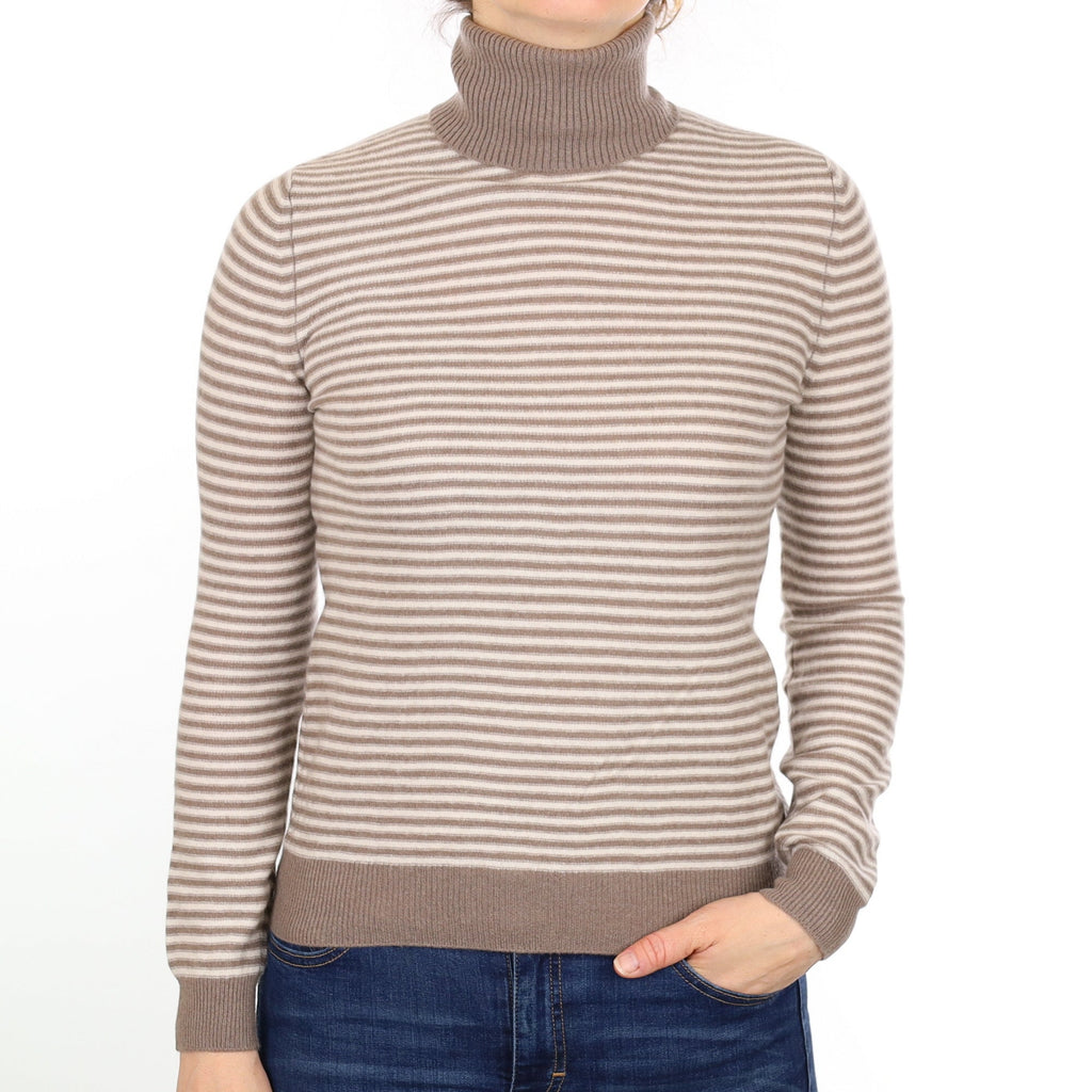 Taupe Stripe Cashmere Polo Neck Jumper Small