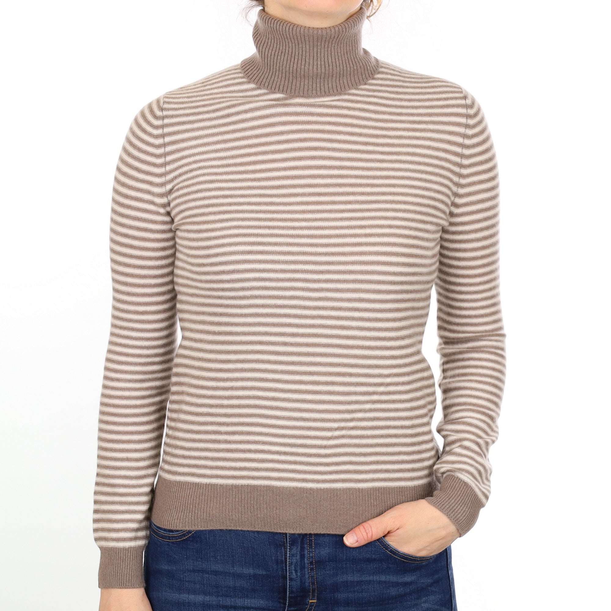 Taupe Stripe Cashmere Polo Neck Jumper Small