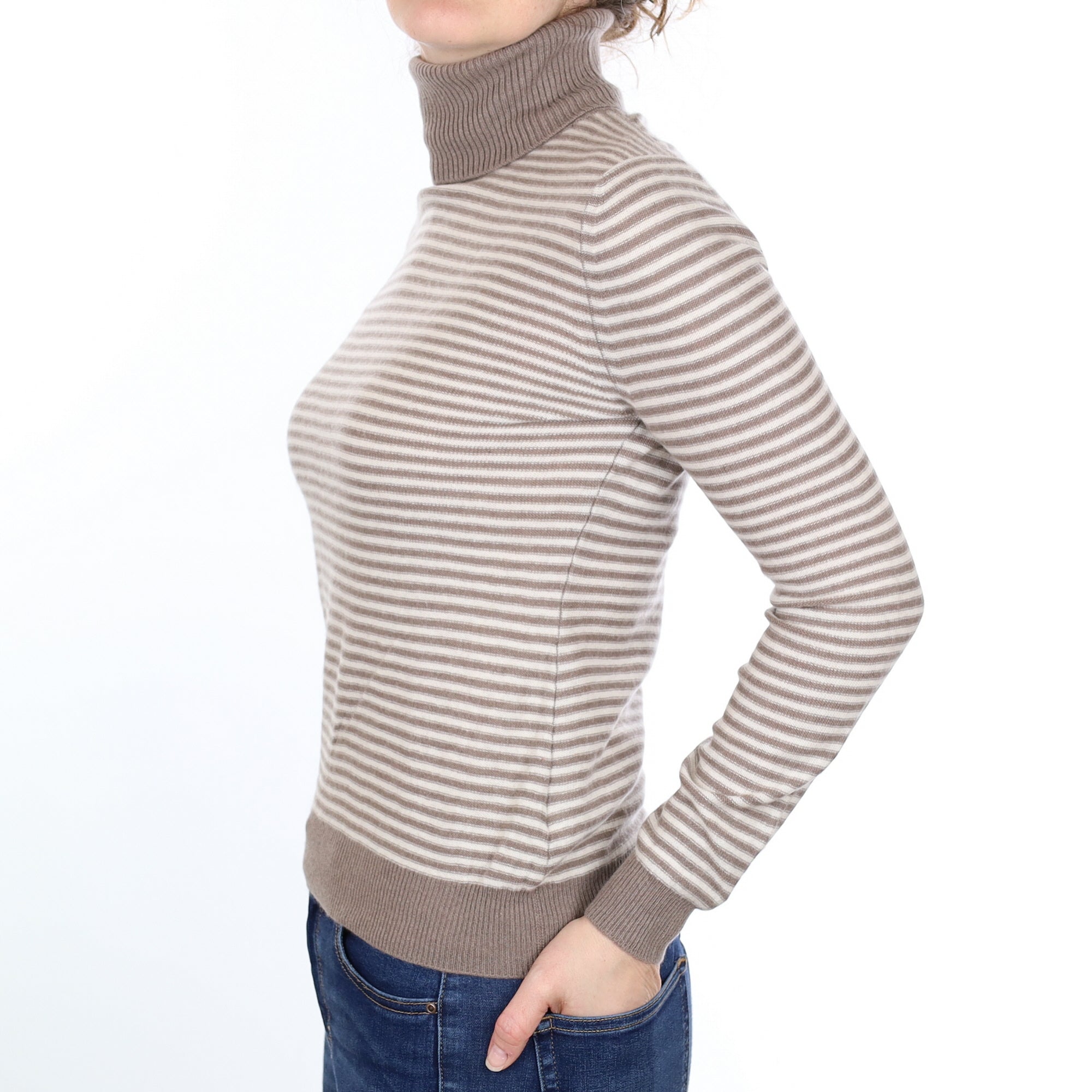 Taupe Stripe Cashmere Polo Neck Jumper Small