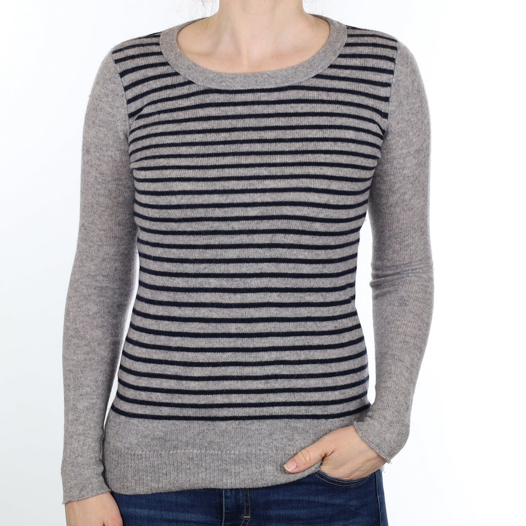 Grey & Navy Stripe Cashmere Crew Neck Jumper Small