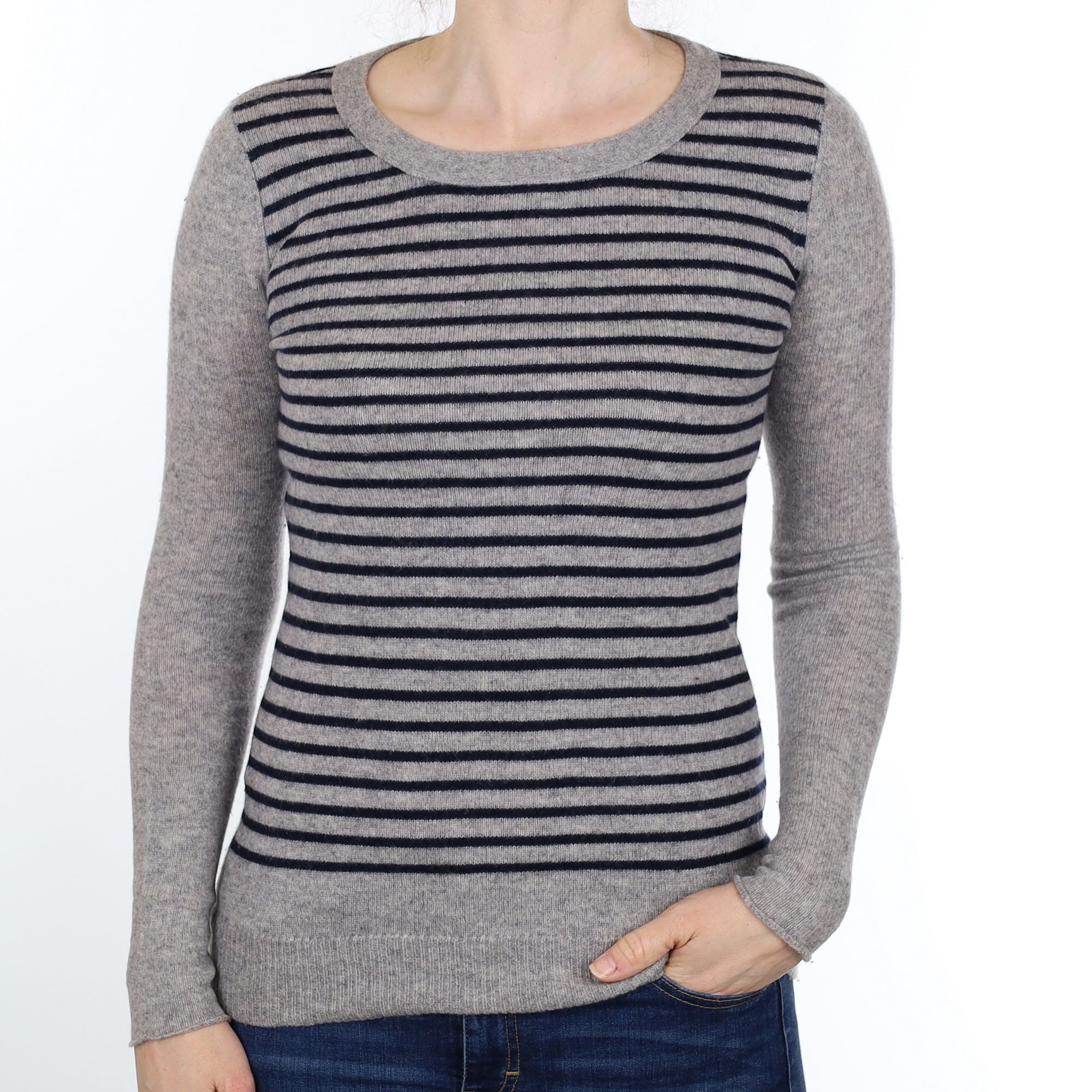 Grey & Navy Stripe Cashmere Crew Neck Jumper Small