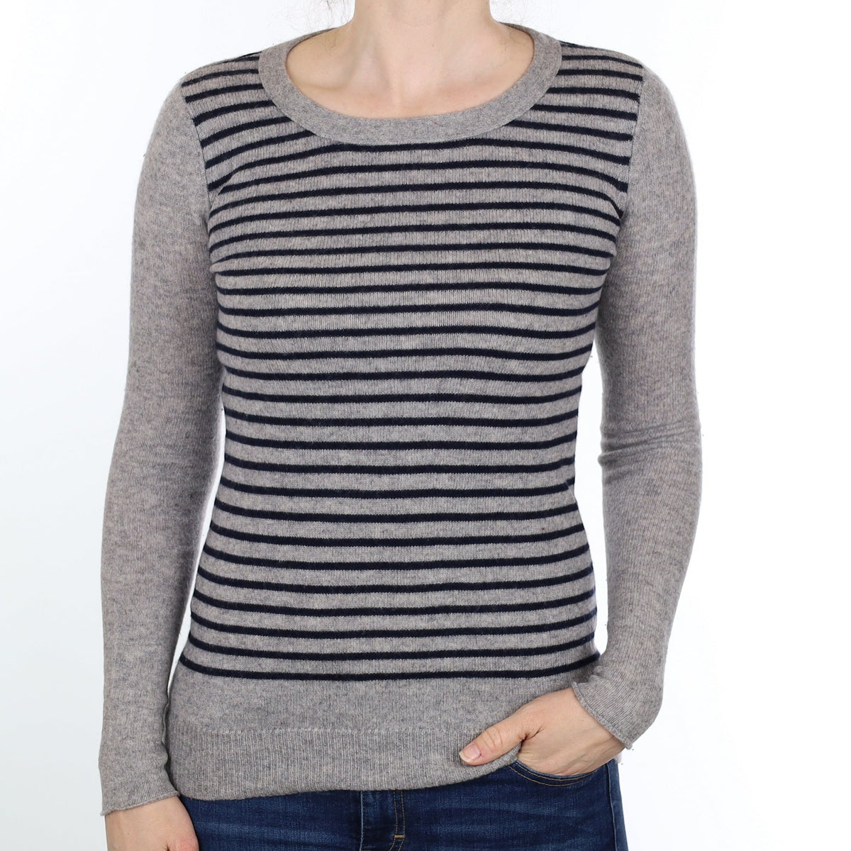 Grey & Navy Stripe Cashmere Crew Neck Jumper Small