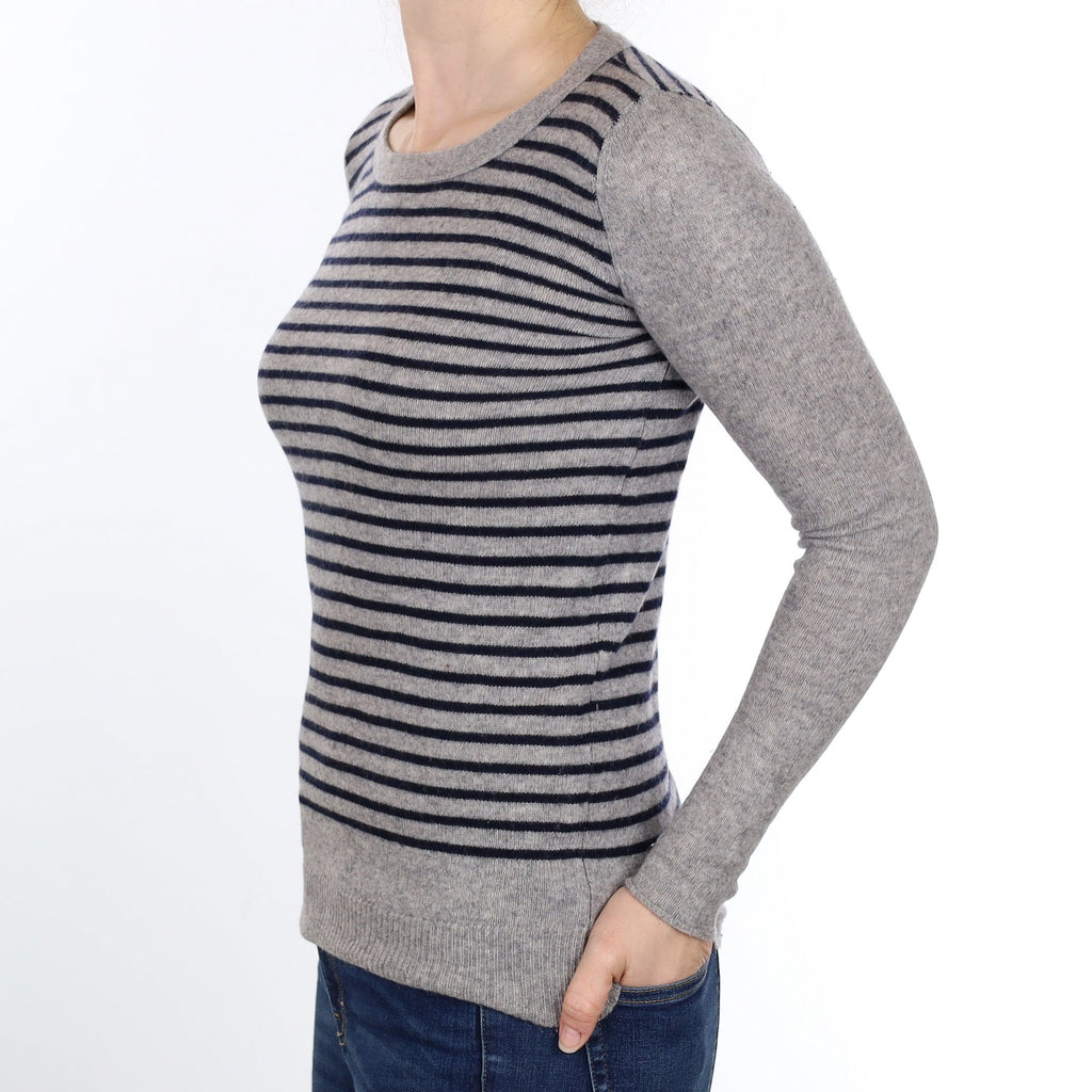 Grey & Navy Stripe Cashmere Crew Neck Jumper Small