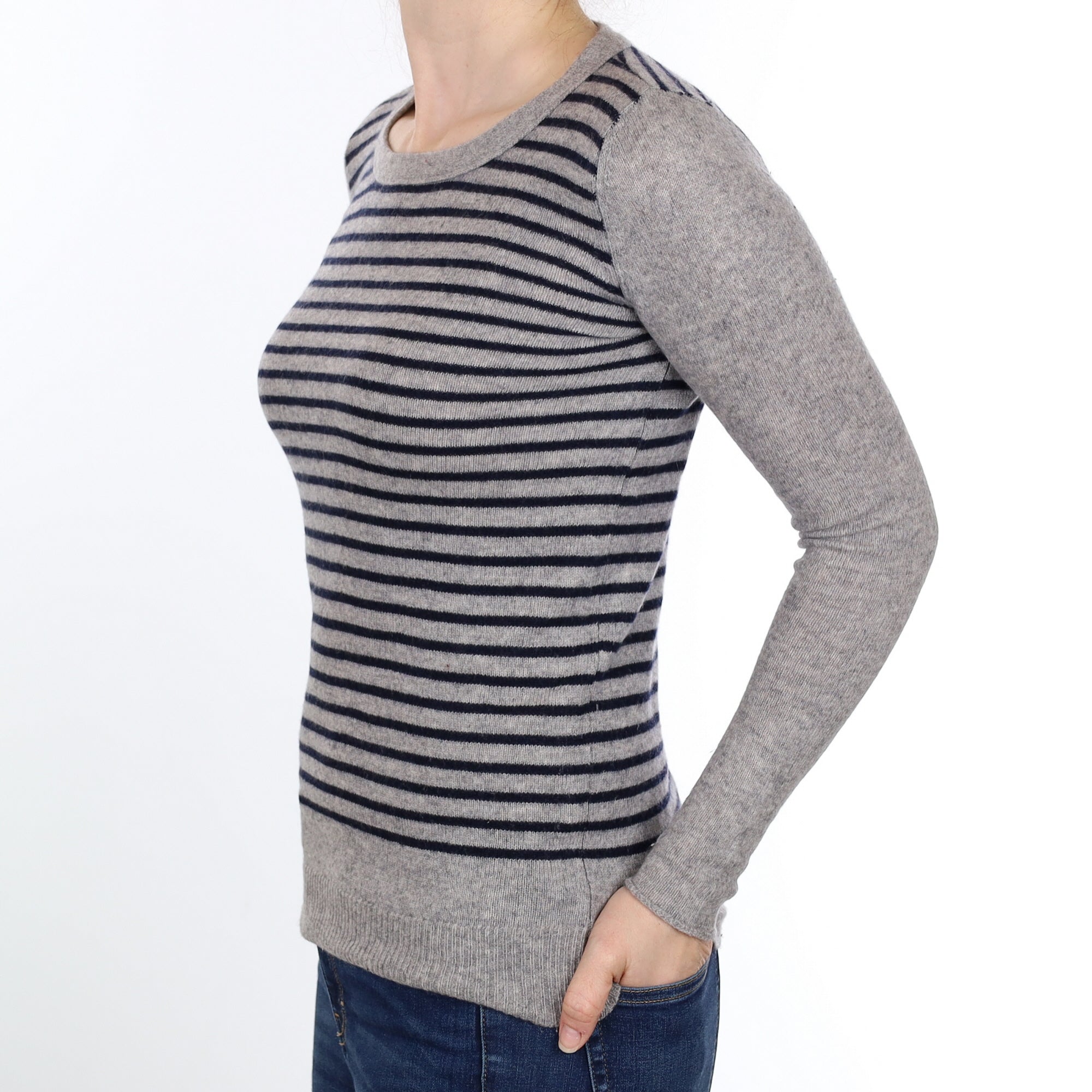 Grey & Navy Stripe Cashmere Crew Neck Jumper Small