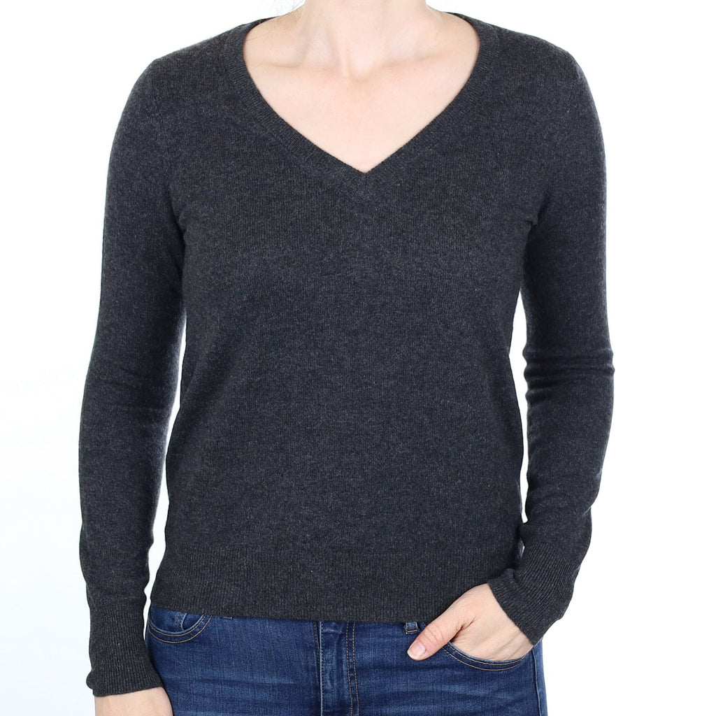 Charcoal Grey Cashmere V Neck Jumper Small