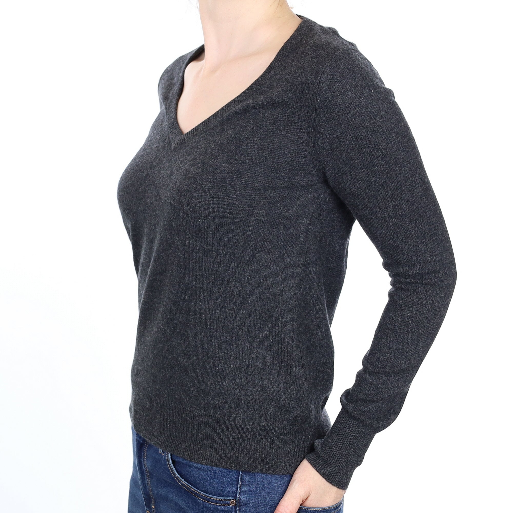 Charcoal Grey Cashmere V Neck Jumper Small