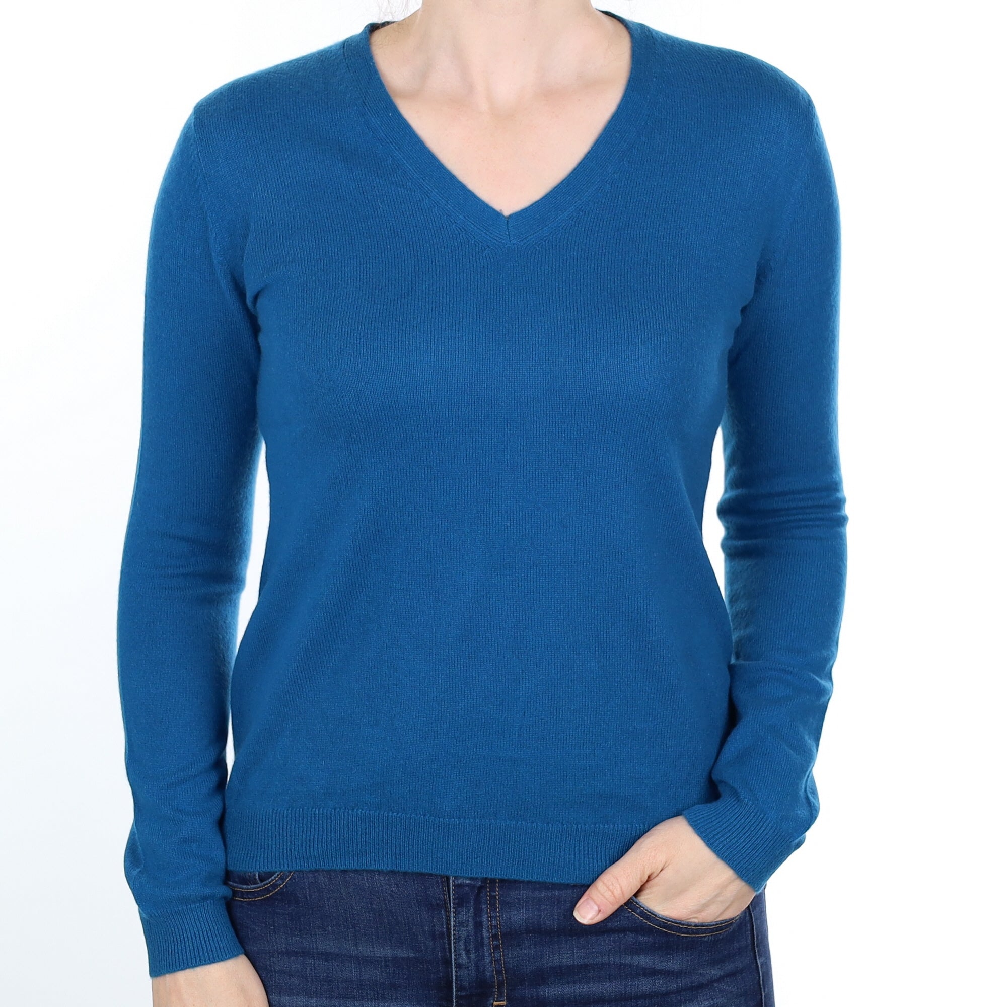 Teal Blue Cashmere V Neck Jumper Small