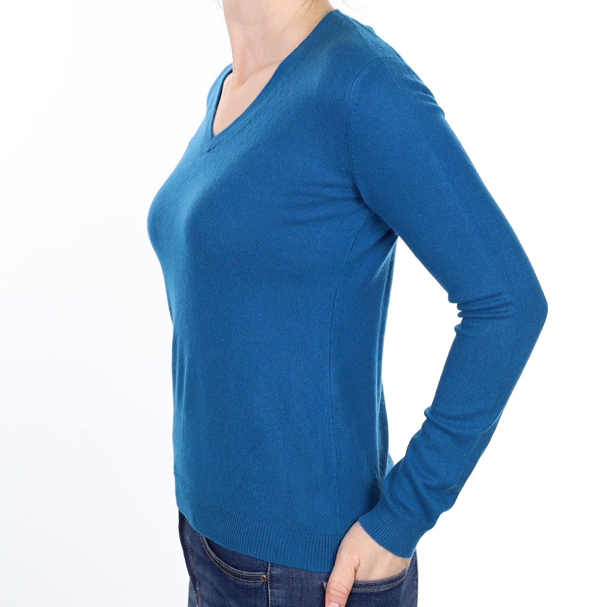 Teal Blue Cashmere V Neck Jumper Small