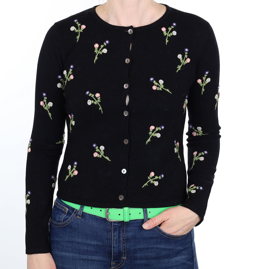Black Floral Cashmere Crew Neck Cardigan Small