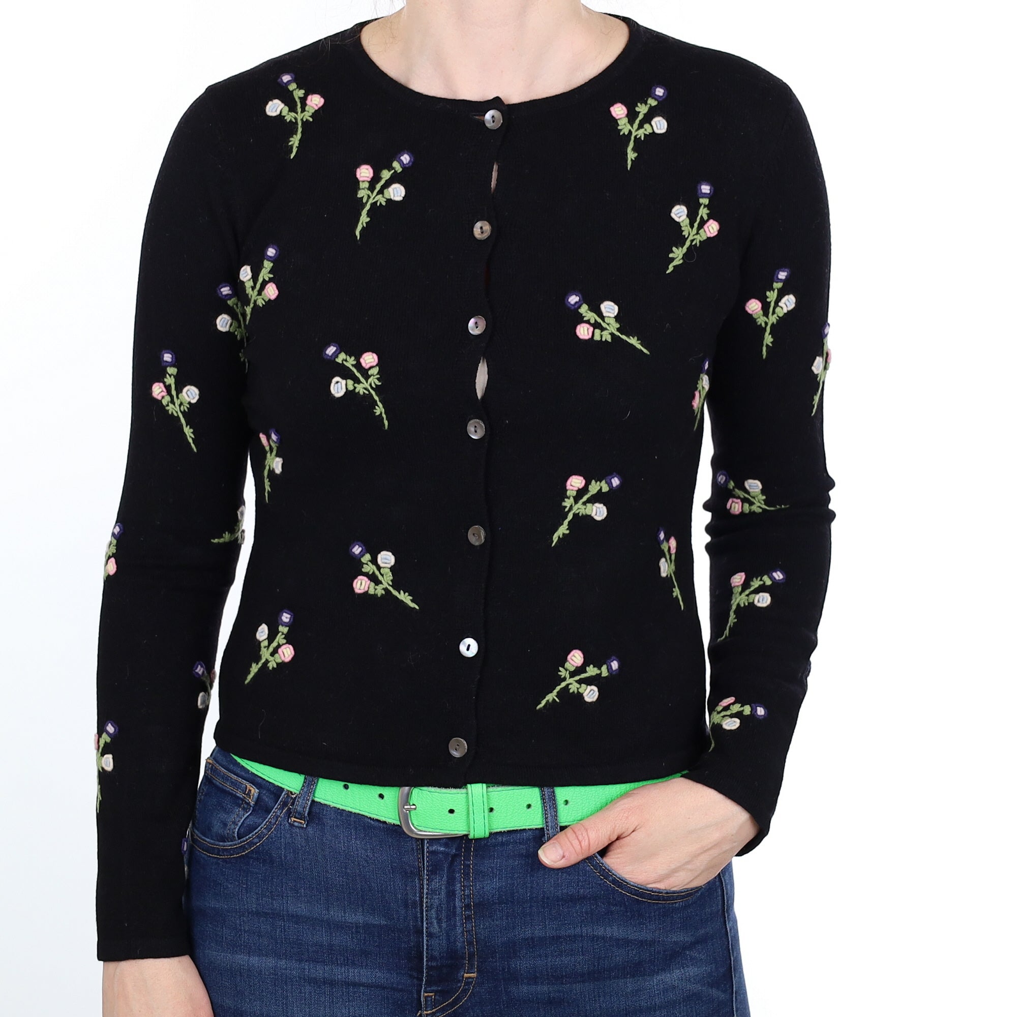 Black Floral Cashmere Crew Neck Cardigan Small