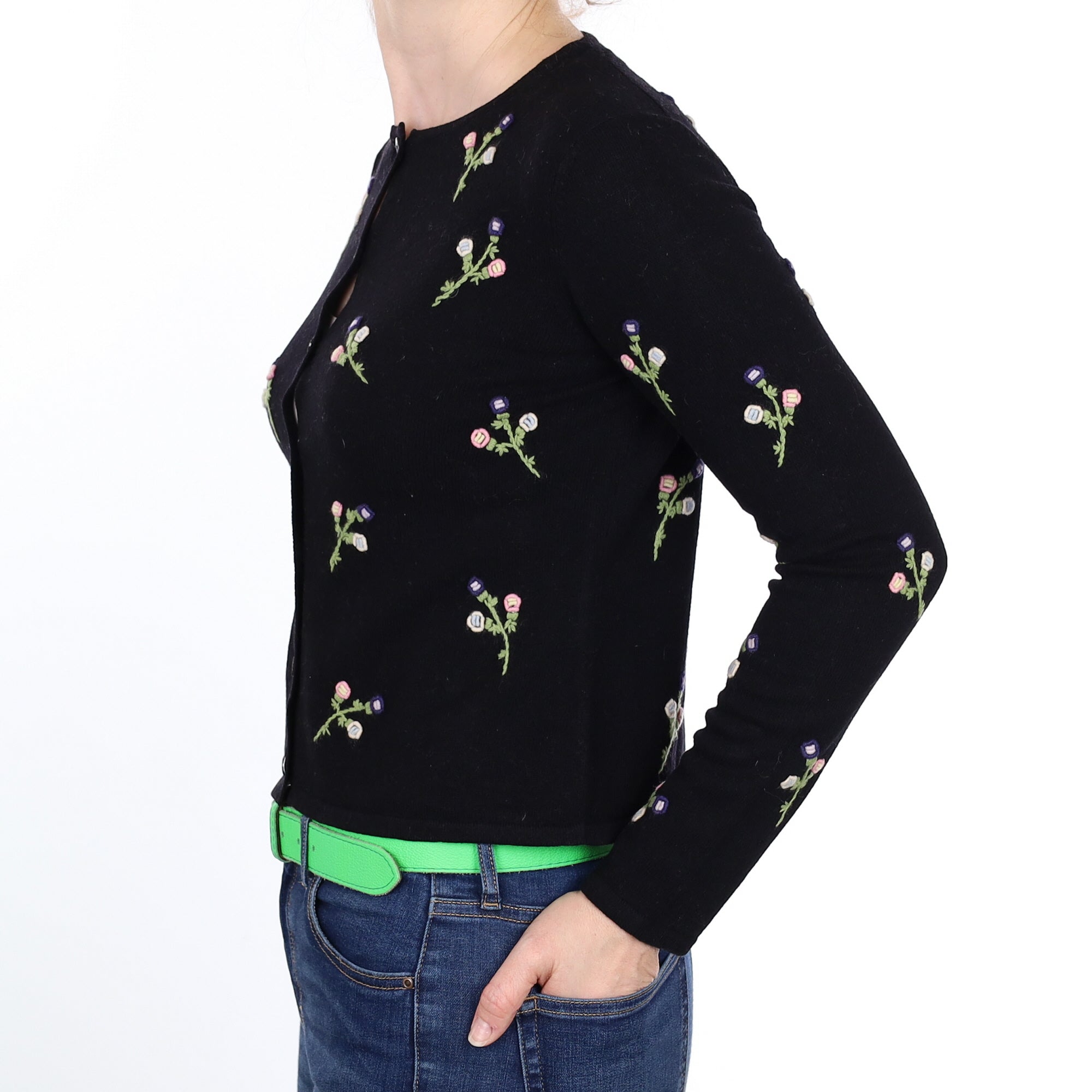 Black Floral Cashmere Crew Neck Cardigan Small