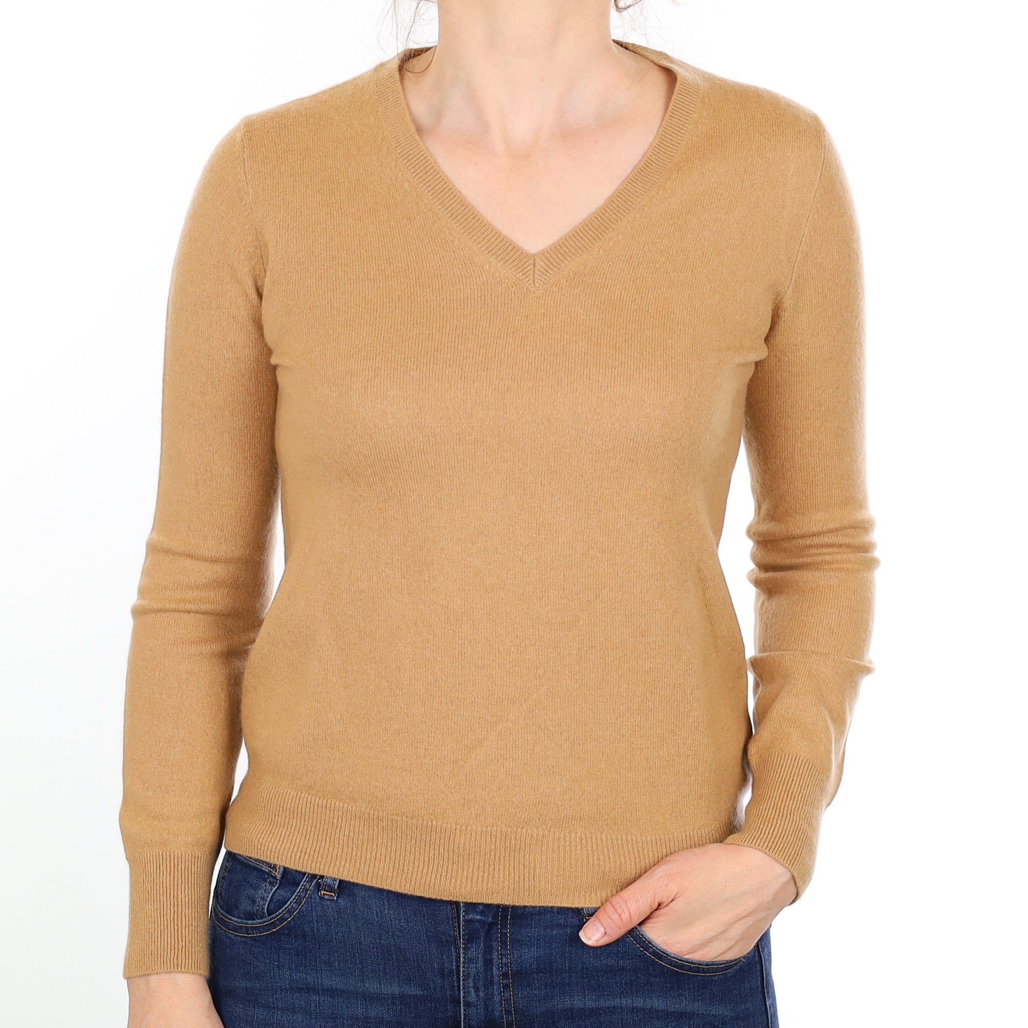 Camel Cashmere V Neck Jumper Small