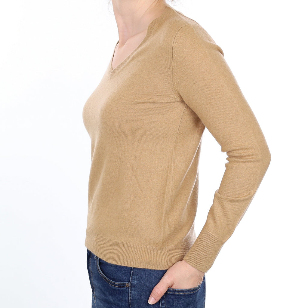 Camel Cashmere V Neck Jumper Small