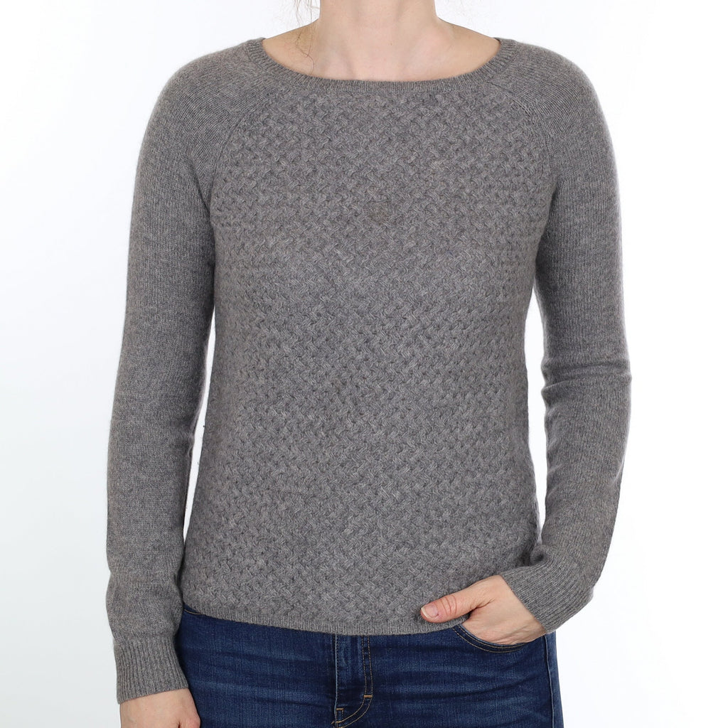 Ash Grey Textured Knit Cashmere Crew Neck Jumper Small